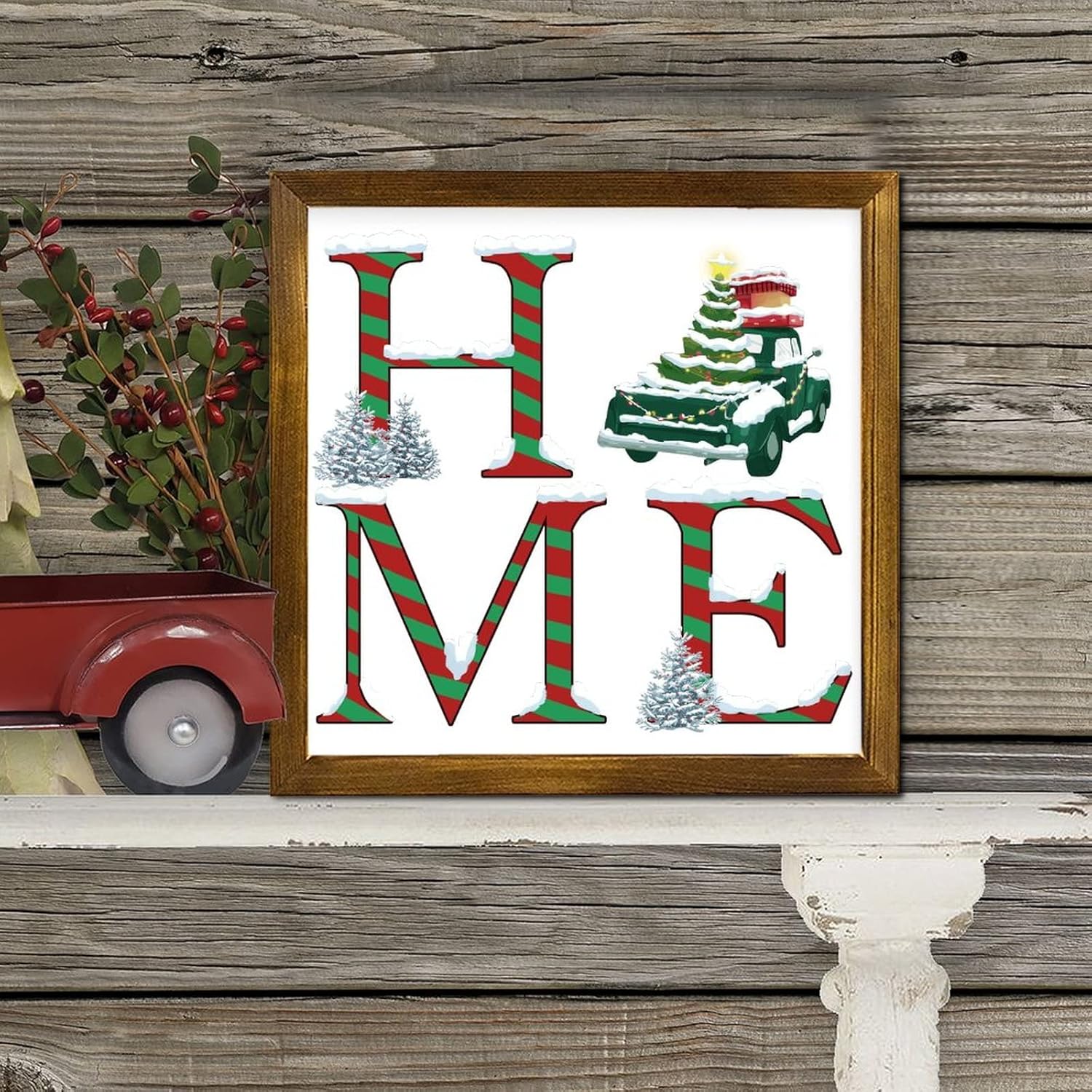 Christmas Candy Cane Framed Wood Sign 7x7 Inch