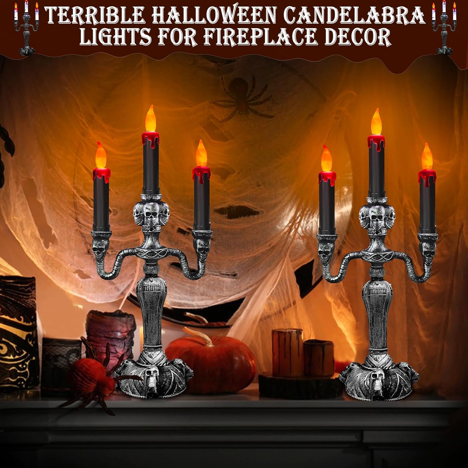 Extra Large 2 Pack Halloween Candelabra LED Skull Lights