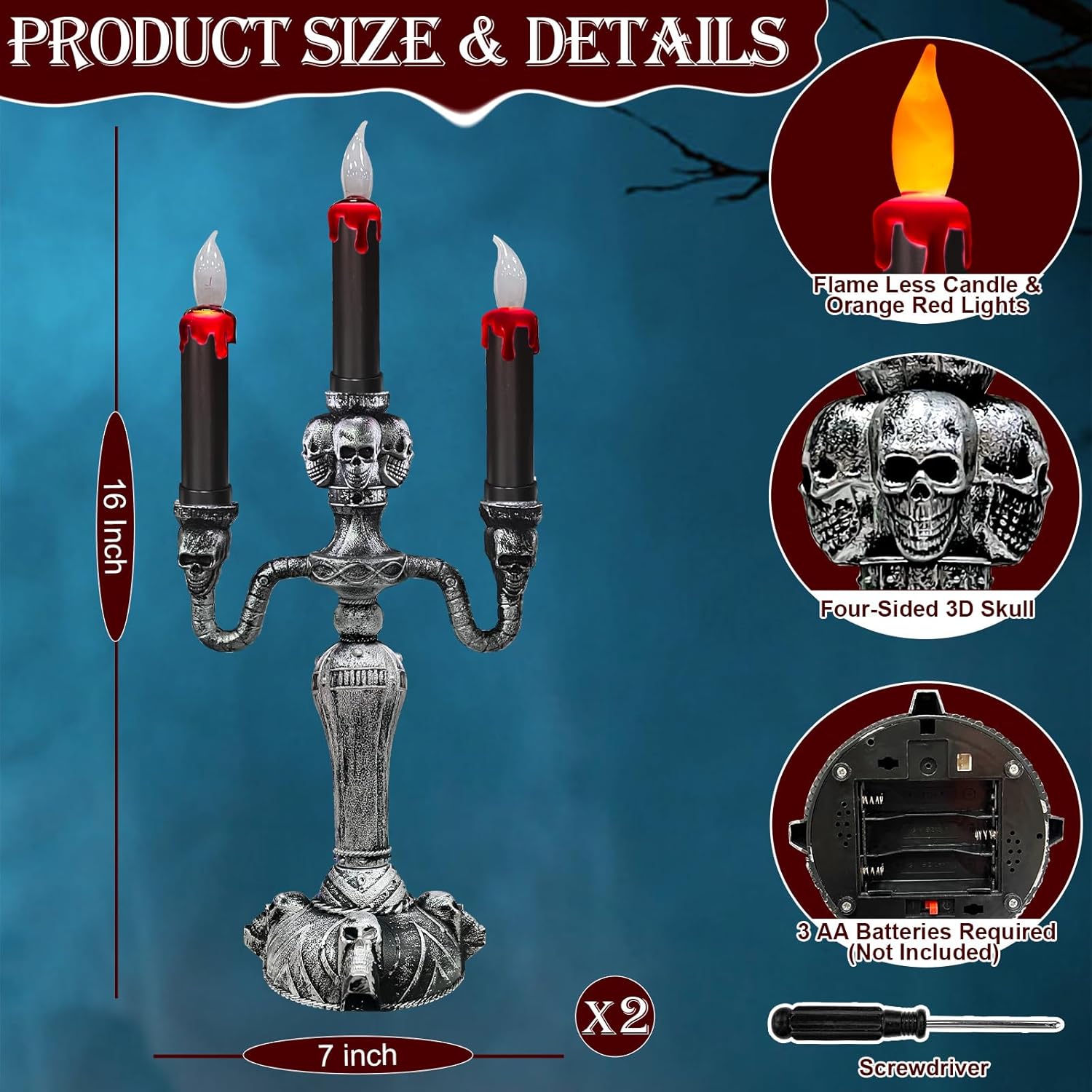 Extra Large 2 Pack Halloween Candelabra LED Skull Lights