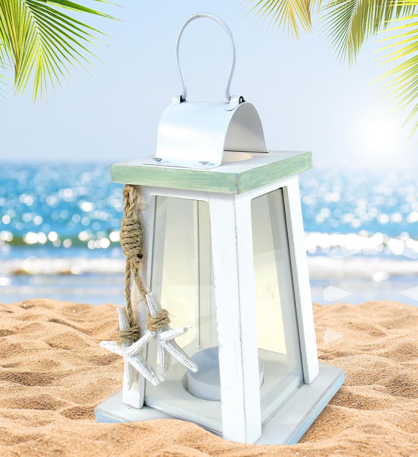 Puzzled Beach Lantern - White Wood Metal Candle Holder with Starfish Rope Accents