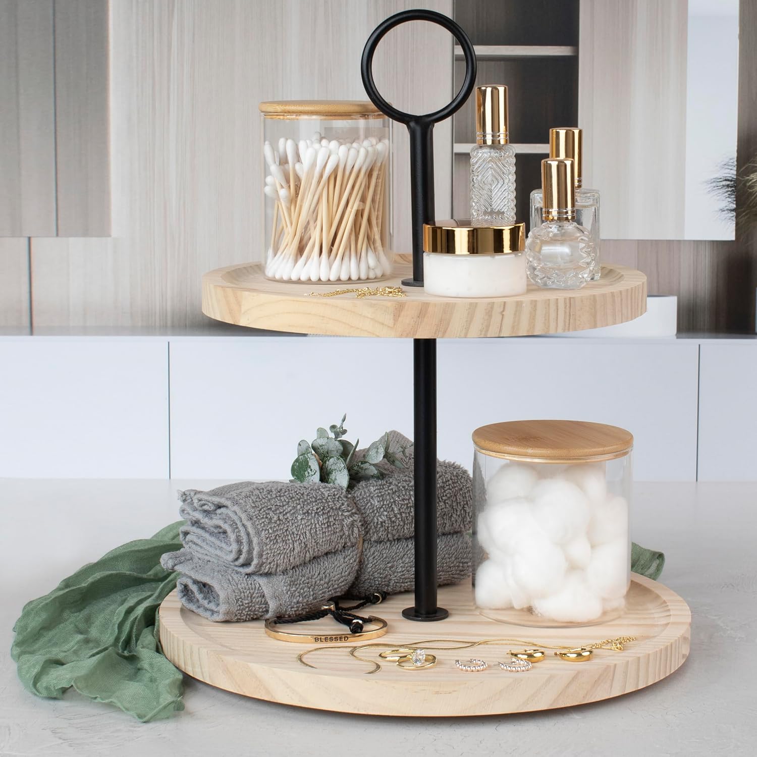 KIBAGA Decorative Wooden Two Tiered Tray Stand