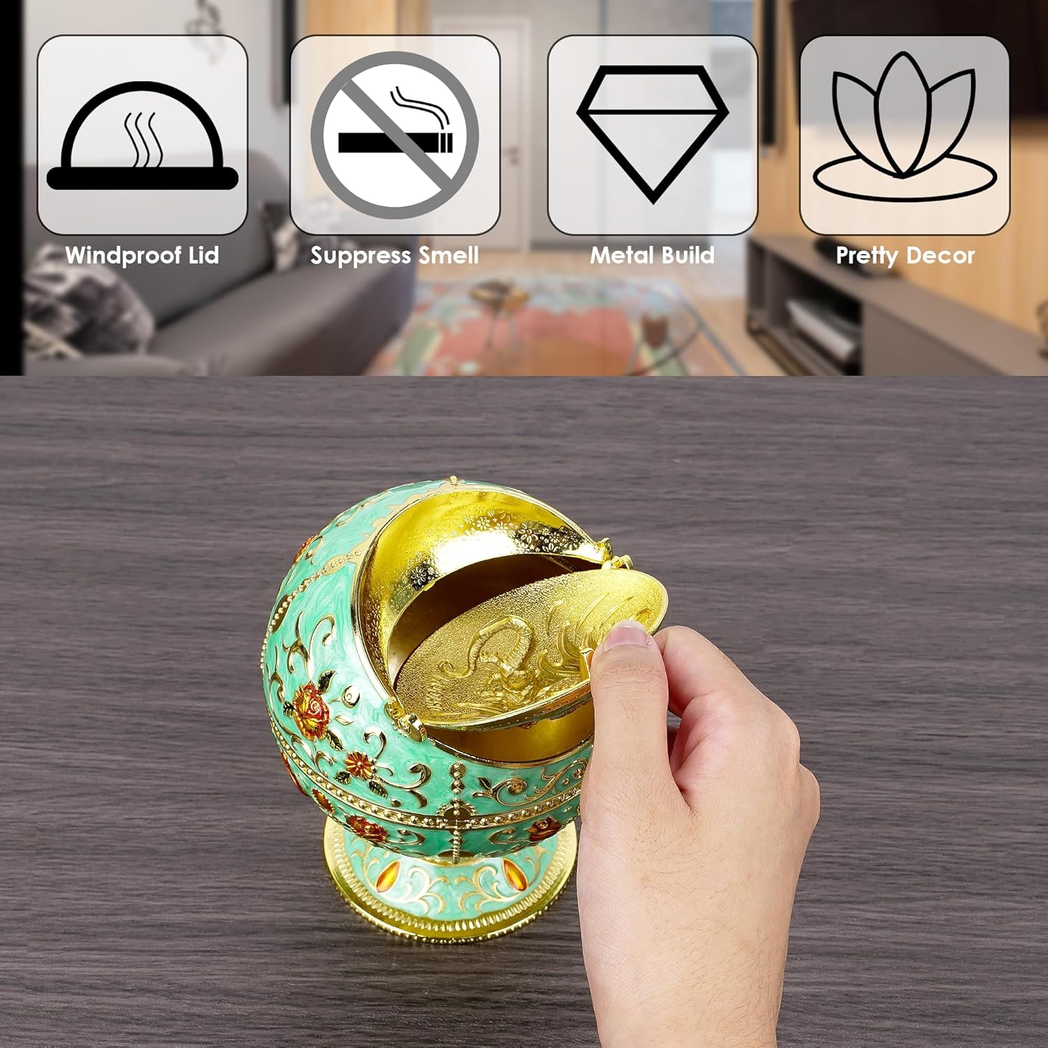 Dragon Ashtray with Lid - Teal Gold Zinc Alloy
