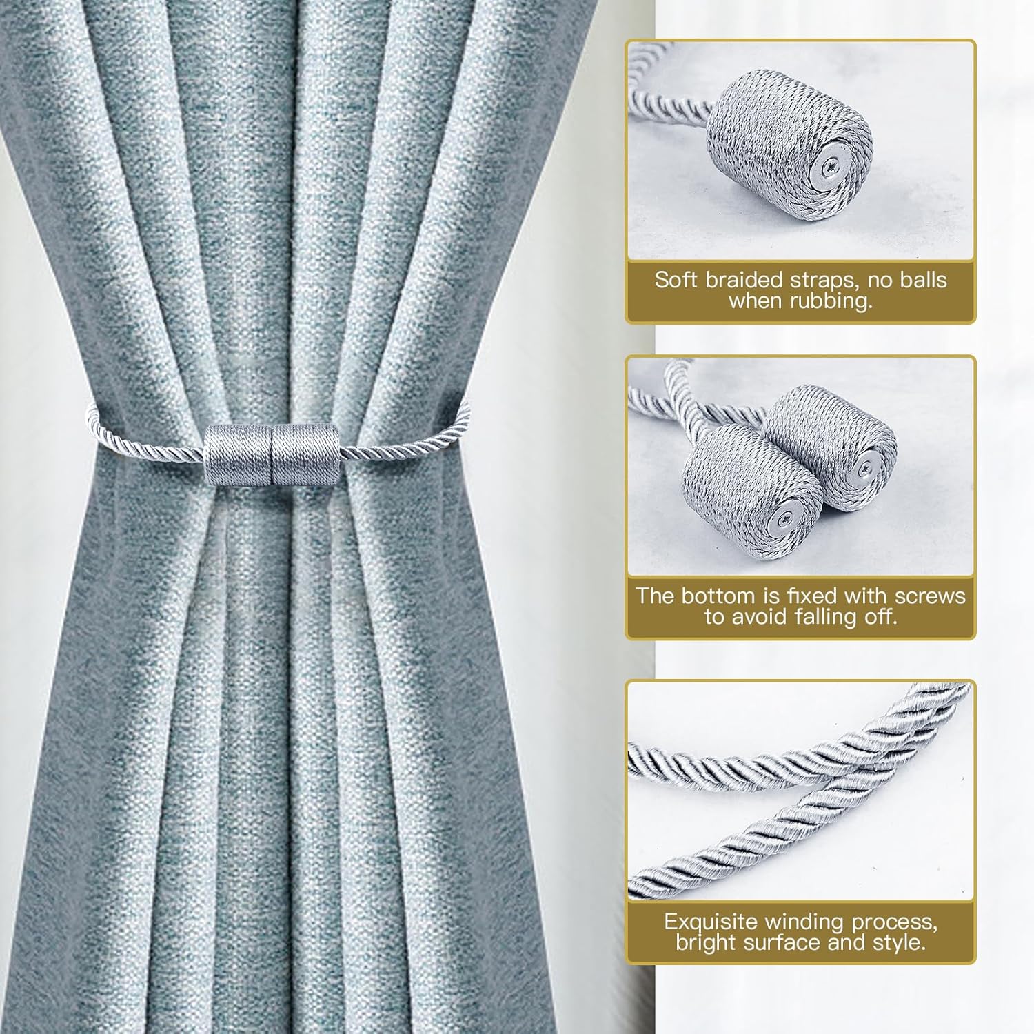 6 Pack Strong Magnetic Curtain Holdbacks with Thick Twist Rope Grey