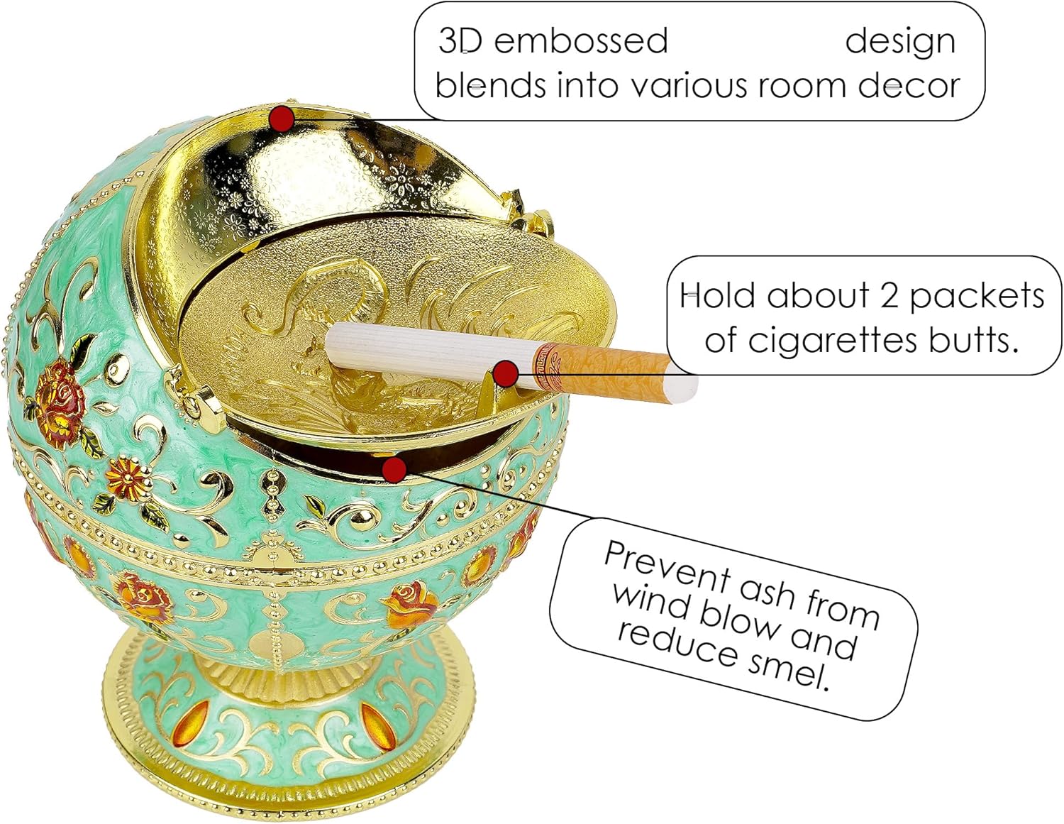 Dragon Ashtray with Lid - Teal Gold Zinc Alloy