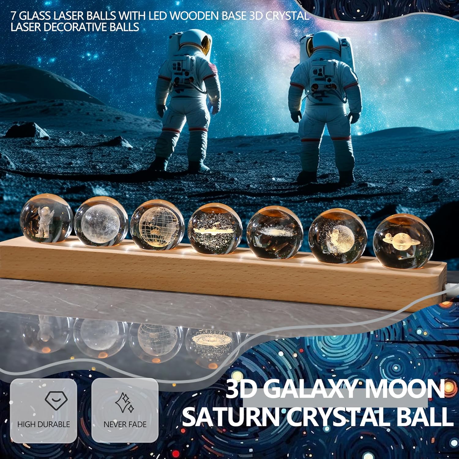ZEERSHEE 3D Galaxy Planet Crystal Ball Night Light with LED Wooden Base