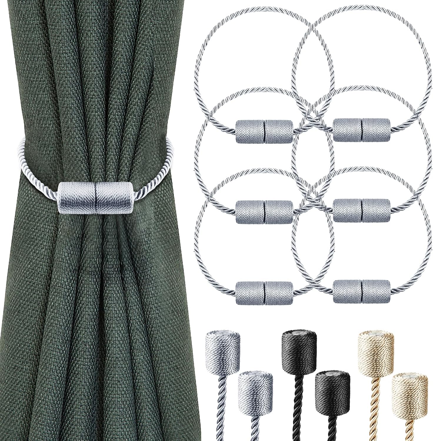6 Pack Strong Magnetic Curtain Holdbacks with Thick Twist Rope Grey