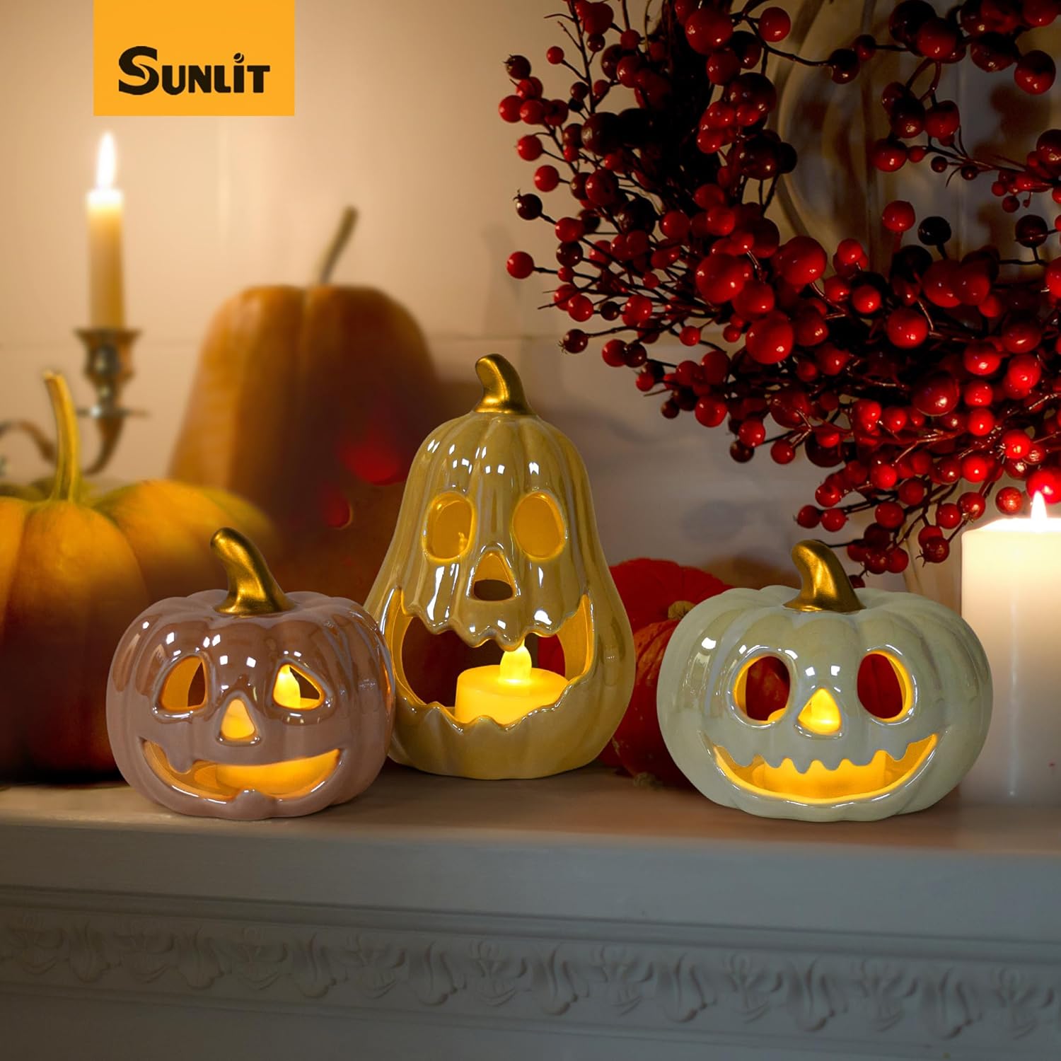 Sunlit Ceramic Pumpkin Tea Light Holder Set of 3