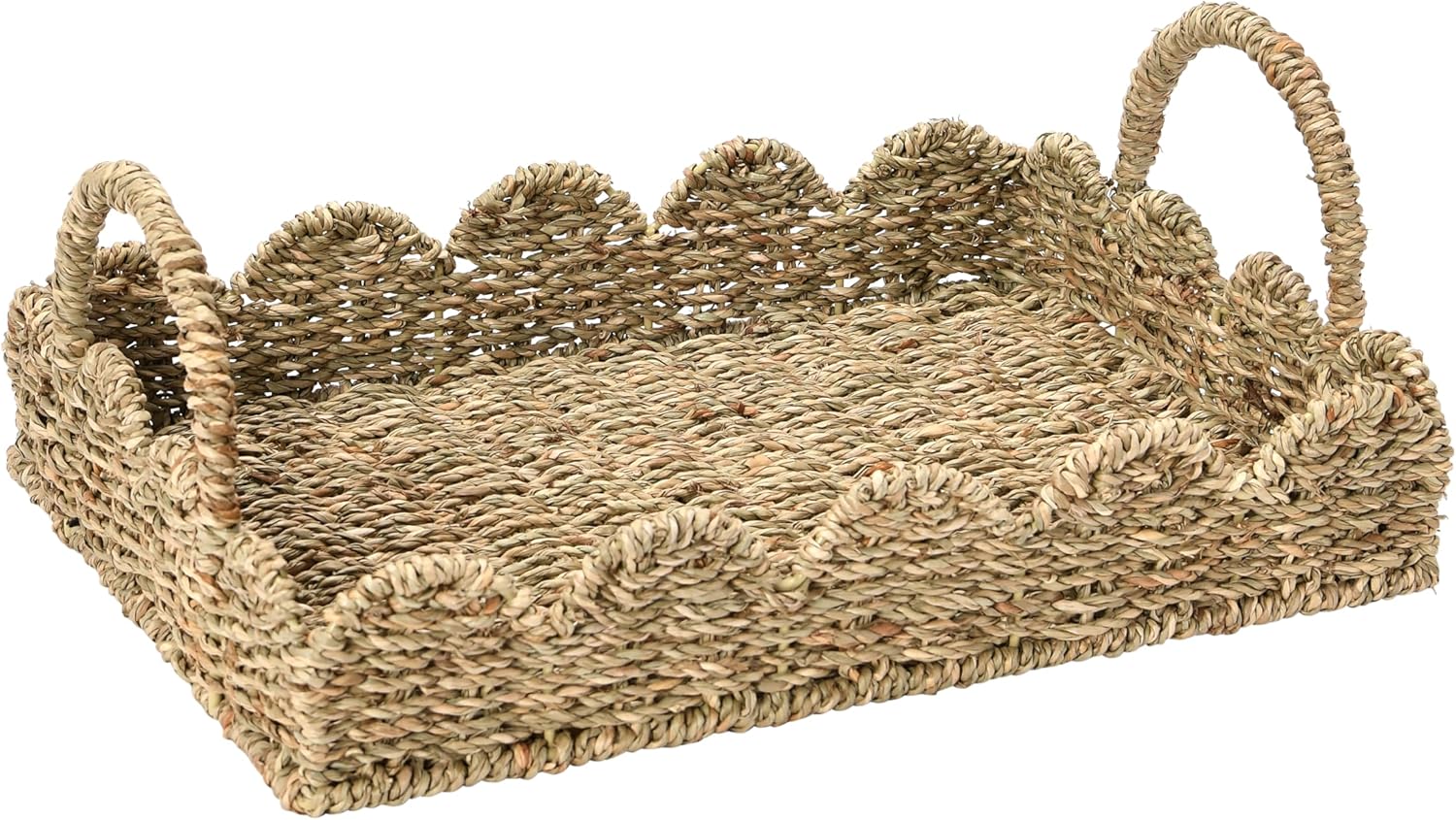 Handwoven Seagrass Tray with Handles and Scalloped Edge