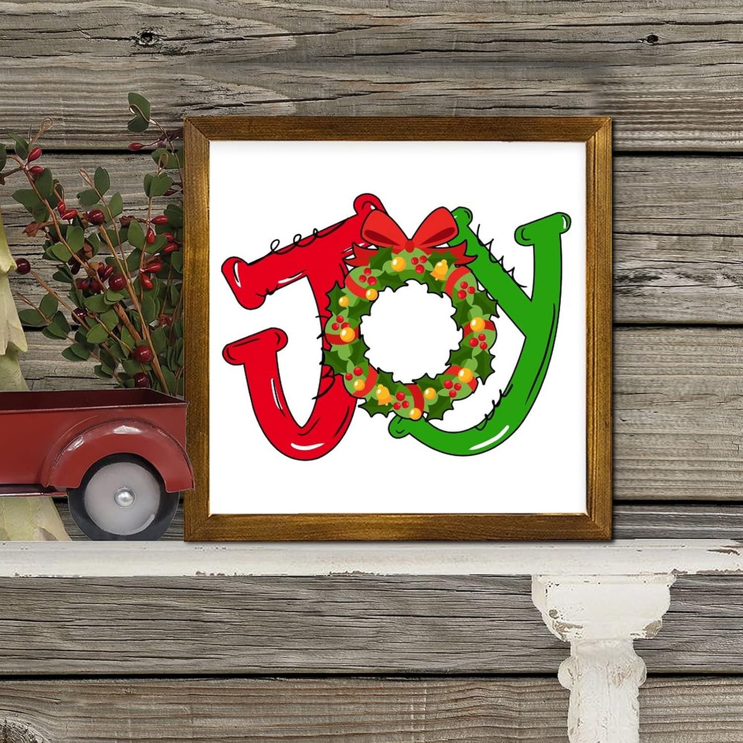 Christmas Joy Ball Framed Wooden Sign 7x7 Inch Wall Decor