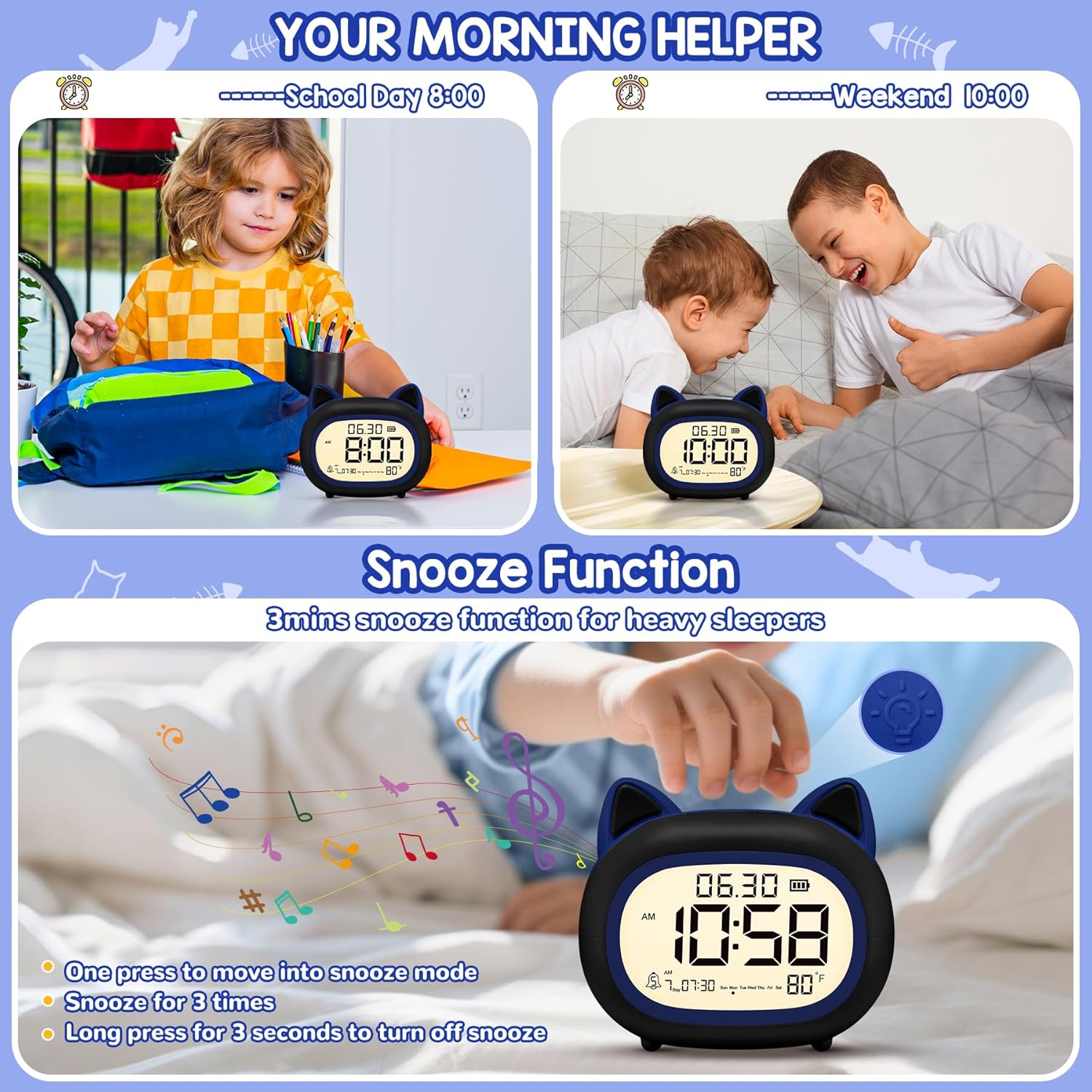 Adorable Cat Alarm Clock for Kids with Night Light