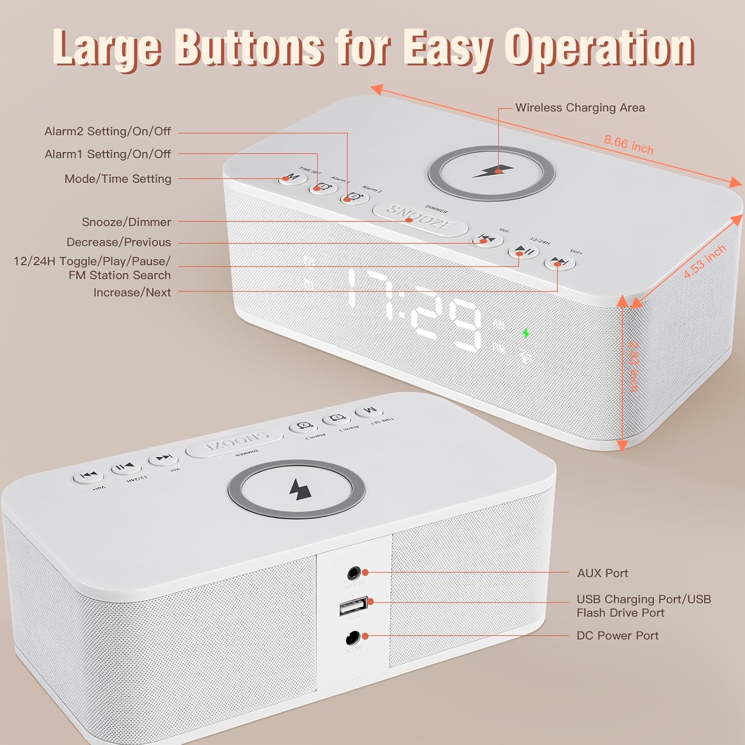 Dual Alarm Clock Radio with Bluetooth and White Noise