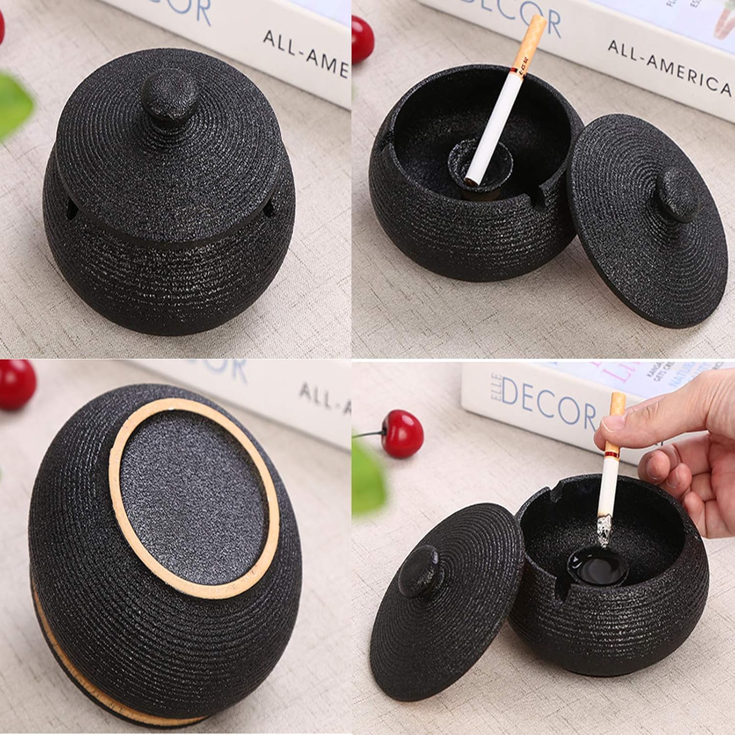 Black Ceramic Cigarette Ashtray with Lid