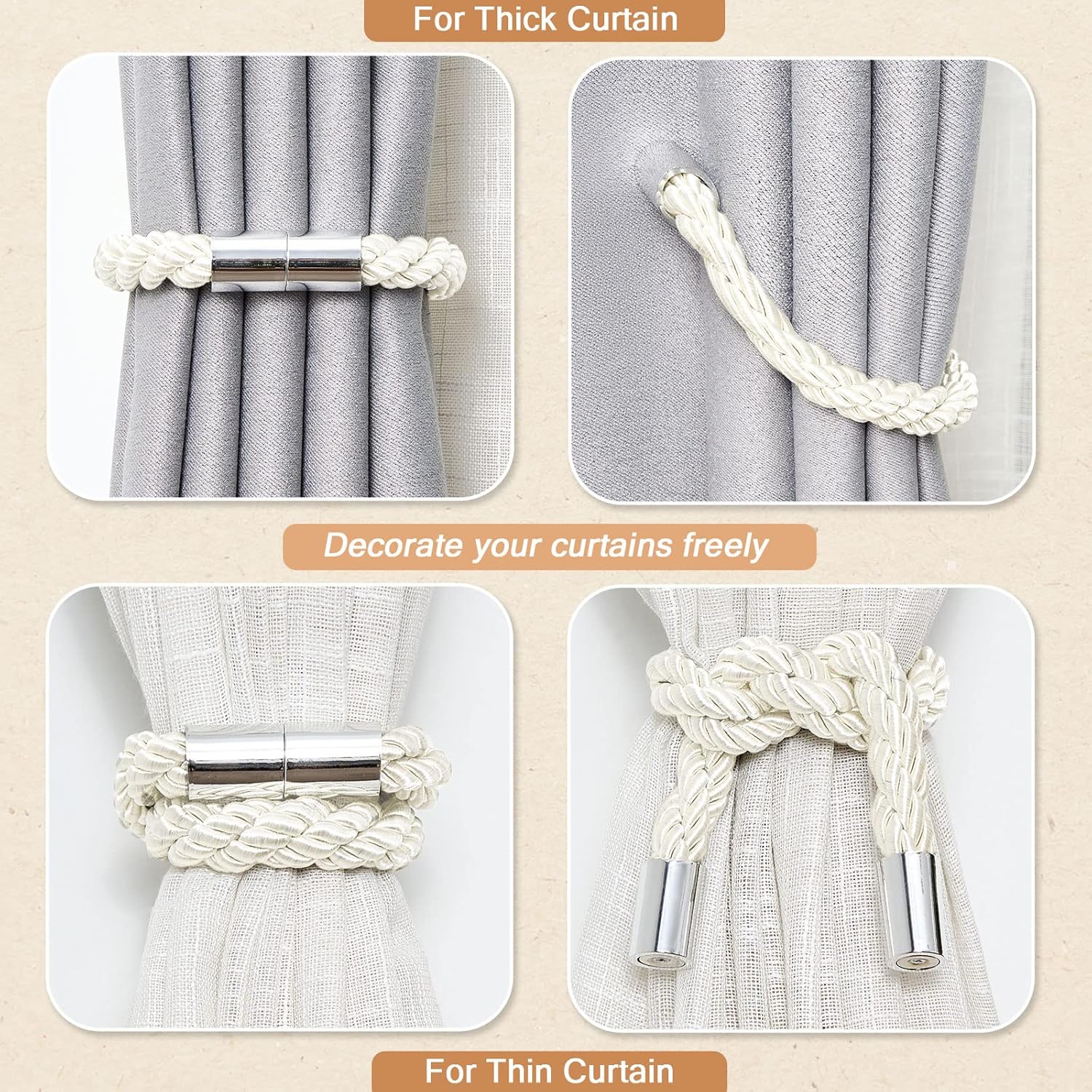 NICEEC 6 Pack Magnetic Curtain Holdbacks Creamy White