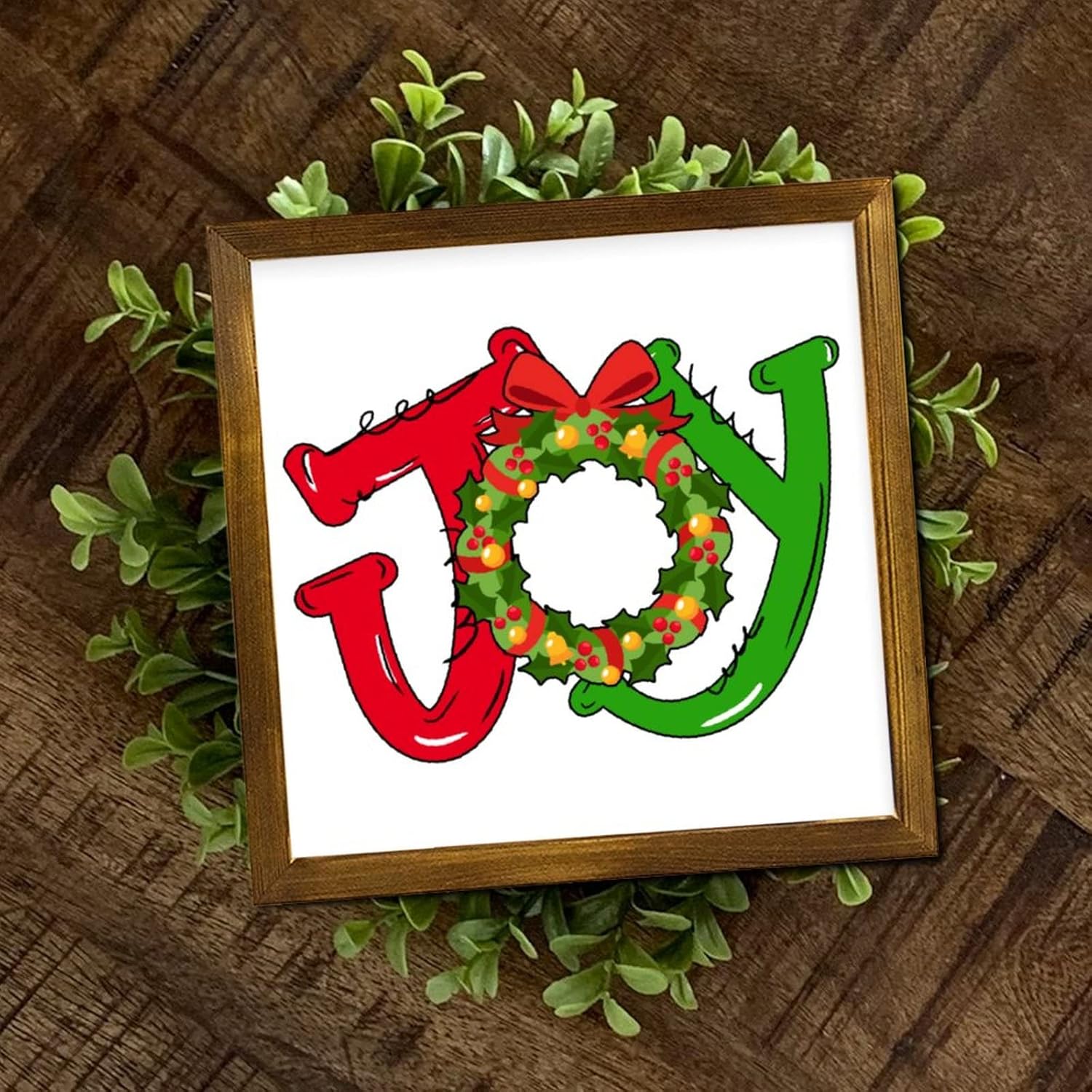 Christmas Joy Ball Framed Wooden Sign 7x7 Inch Wall Decor