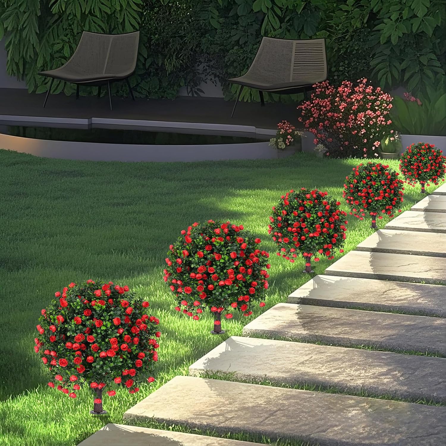 Artificial Boxwood Topiary Tree with Rose Set of 2