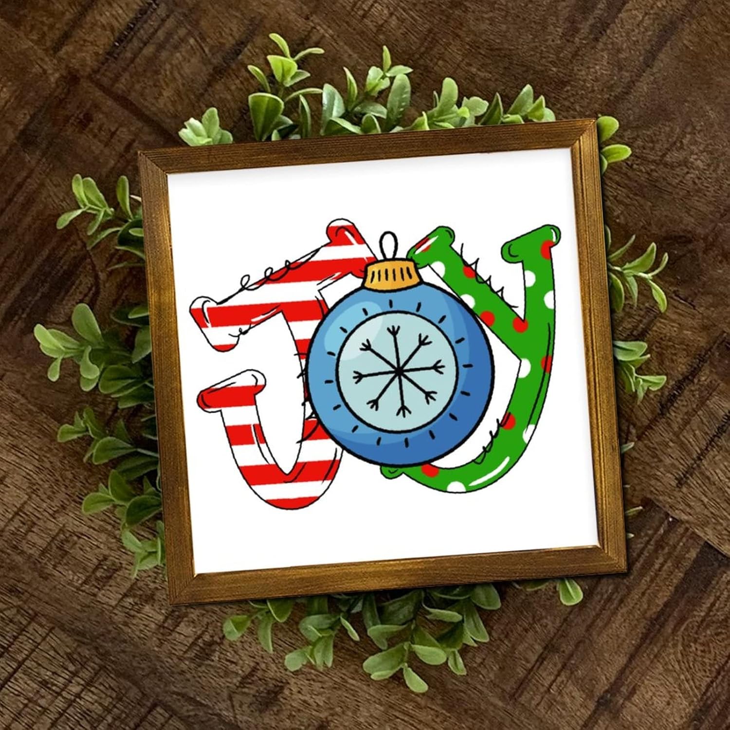 Christmas Joy Ball Framed Wooden Sign 7x7 Inch