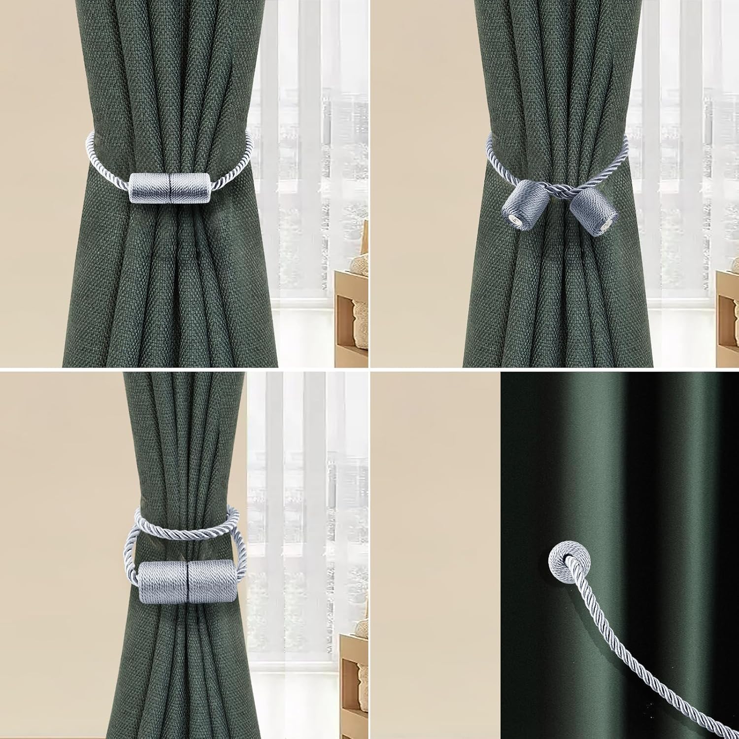 6 Pack Strong Magnetic Curtain Holdbacks with Thick Twist Rope Grey