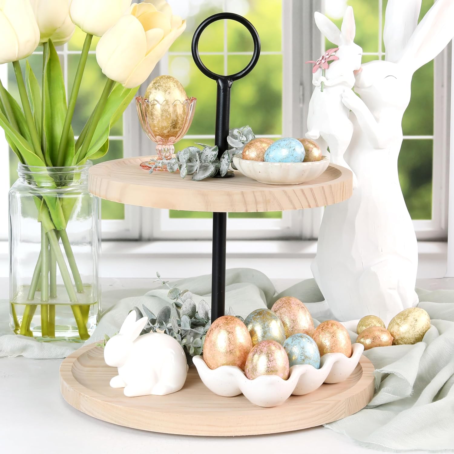 KIBAGA Decorative Wooden Two Tiered Tray Stand