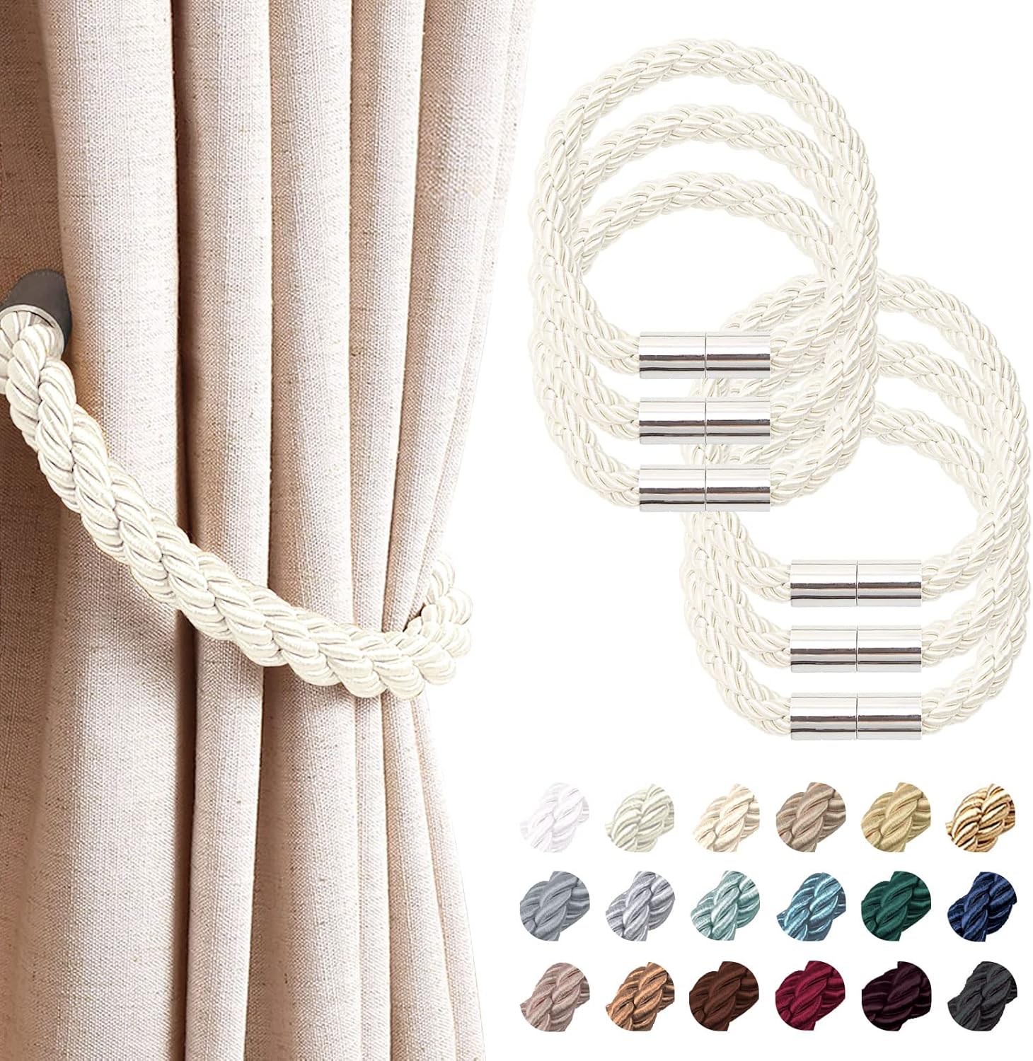 NICEEC 6 Pack Magnetic Curtain Holdbacks Creamy White