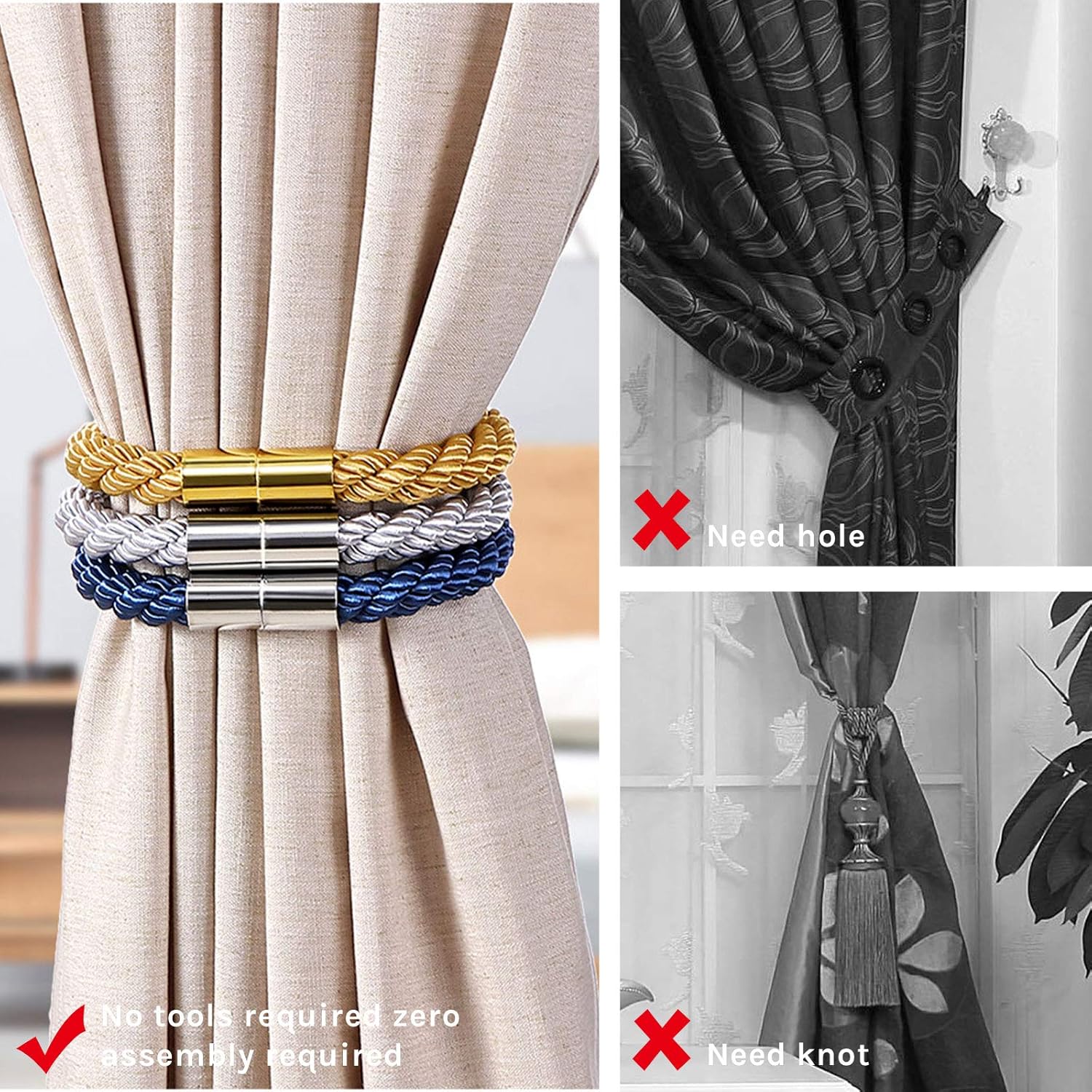NICEEC 6 Pack Magnetic Curtain Holdbacks Creamy White