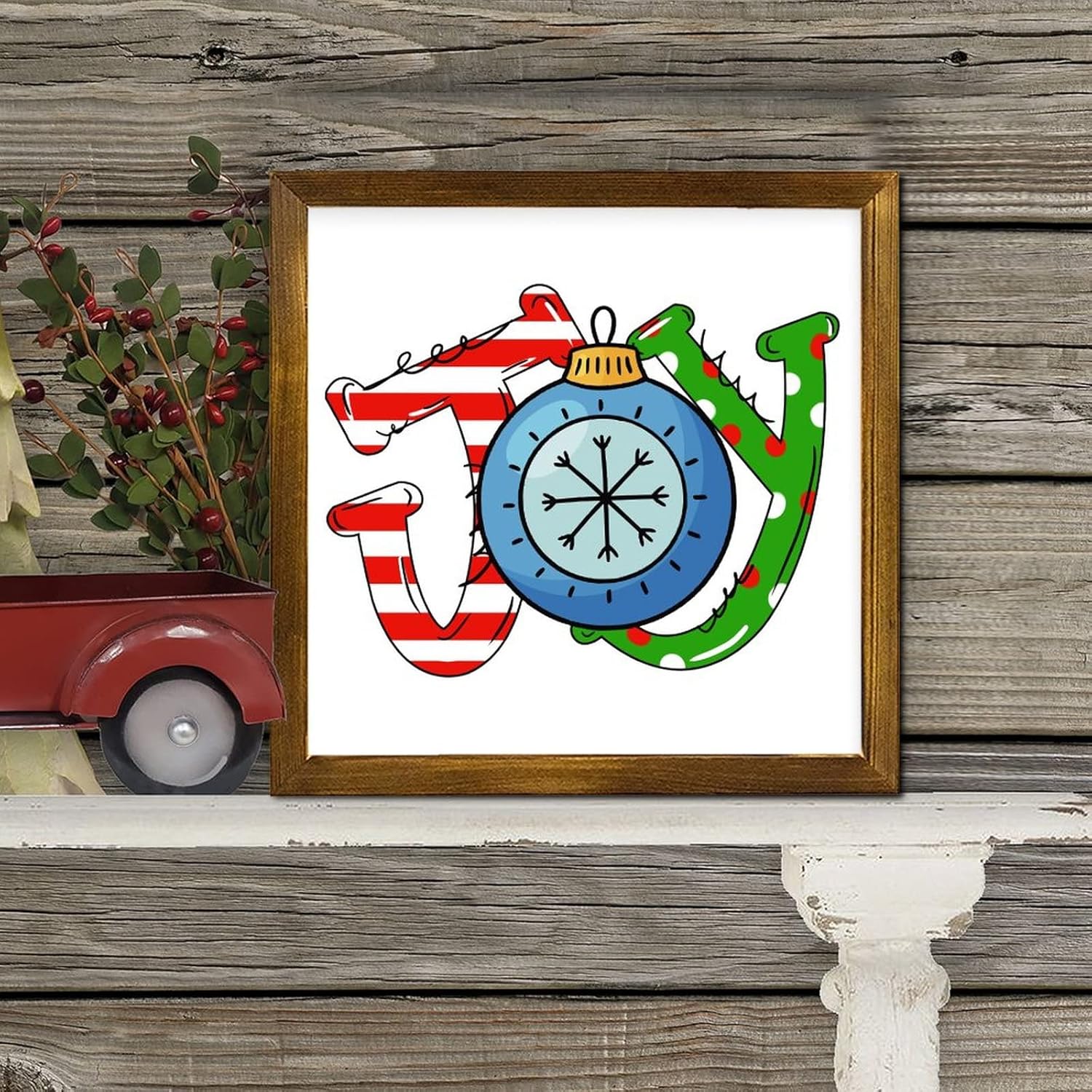 Christmas Joy Ball Framed Wooden Sign 7x7 Inch