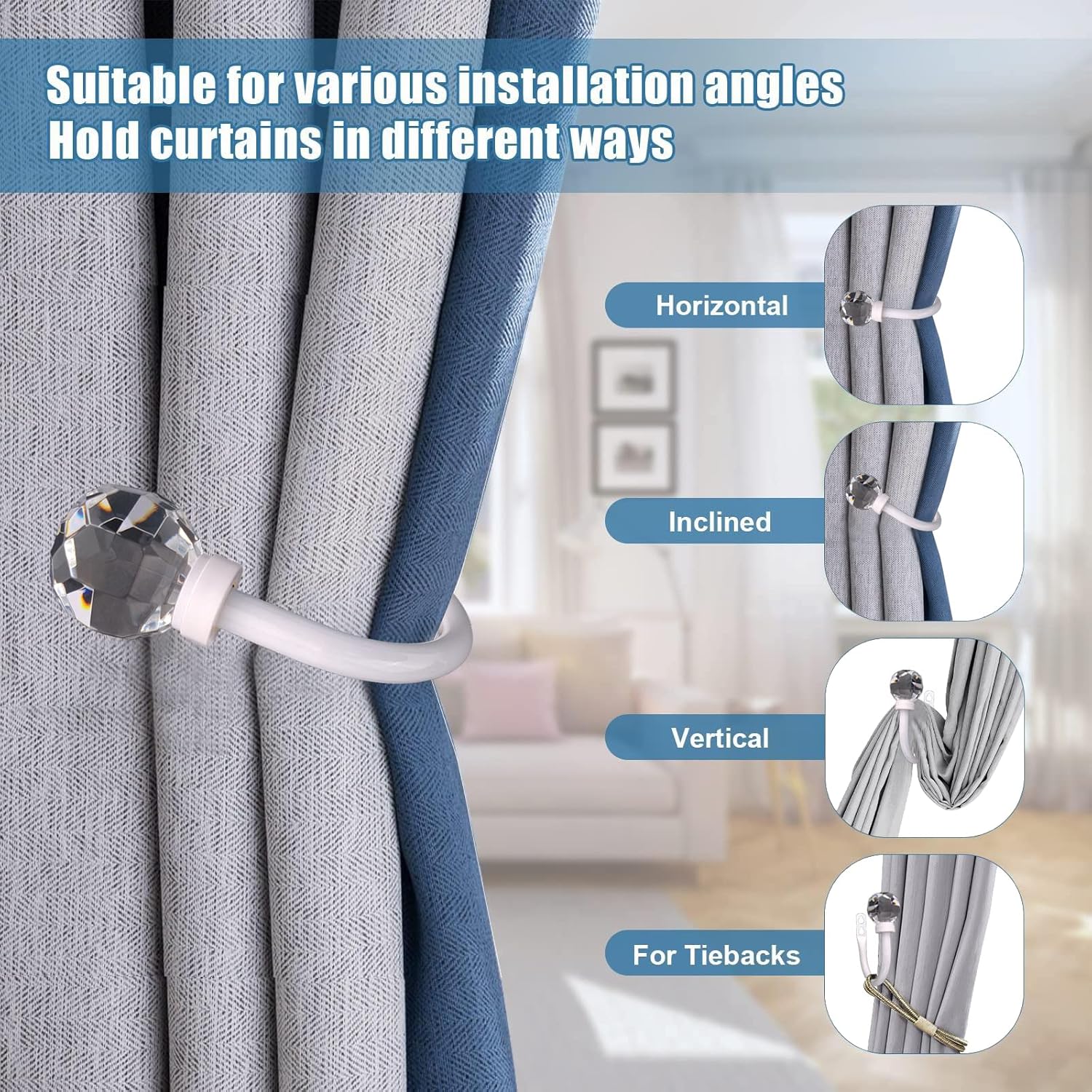 2Pack Curtain Holdbacks with Clear Crystal Balls and Metal Hooks