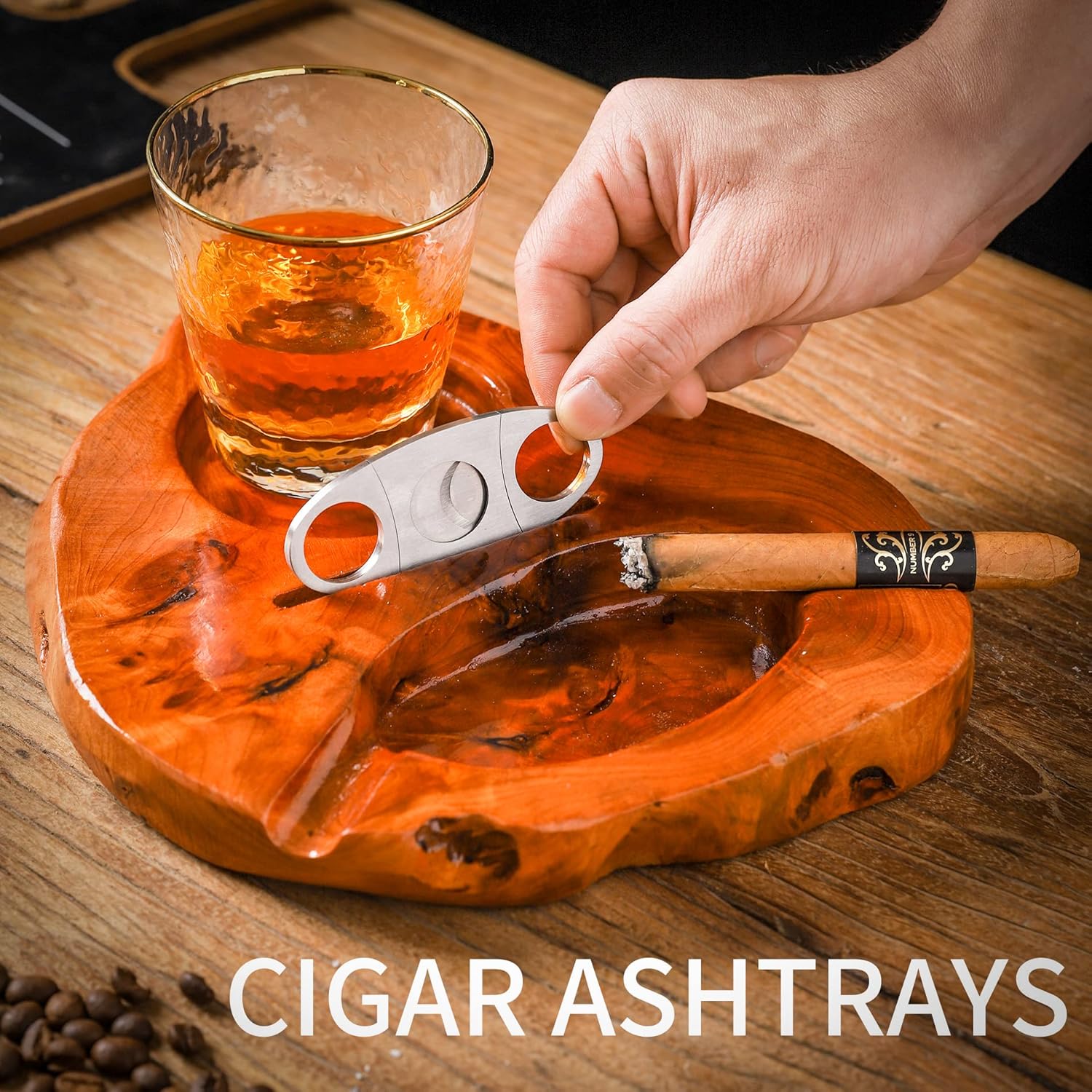 Wooden Cigar Ashtray with Whiskey Glass and Cutter Holder