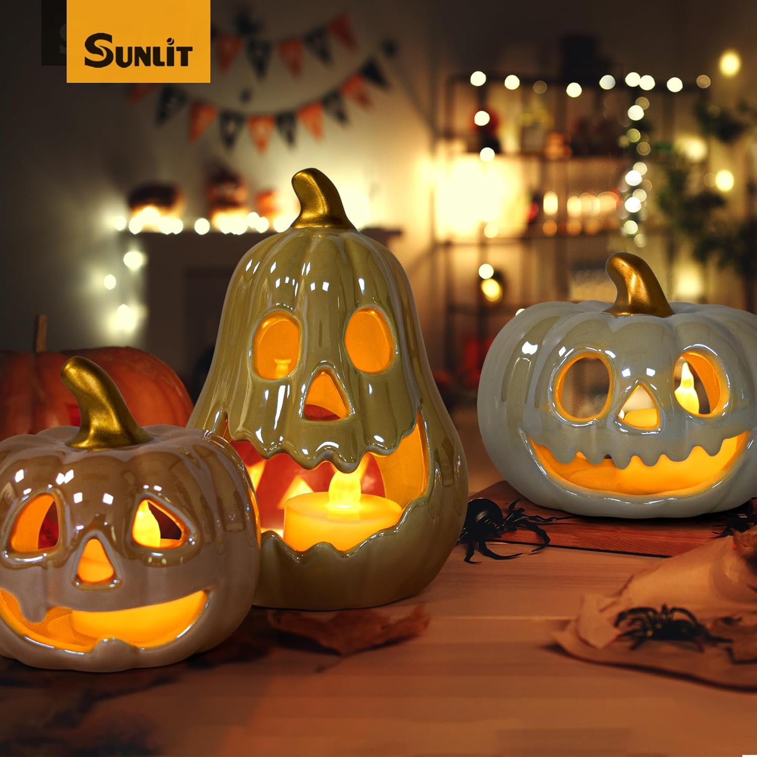 Sunlit Ceramic Pumpkin Tea Light Holder Set of 3