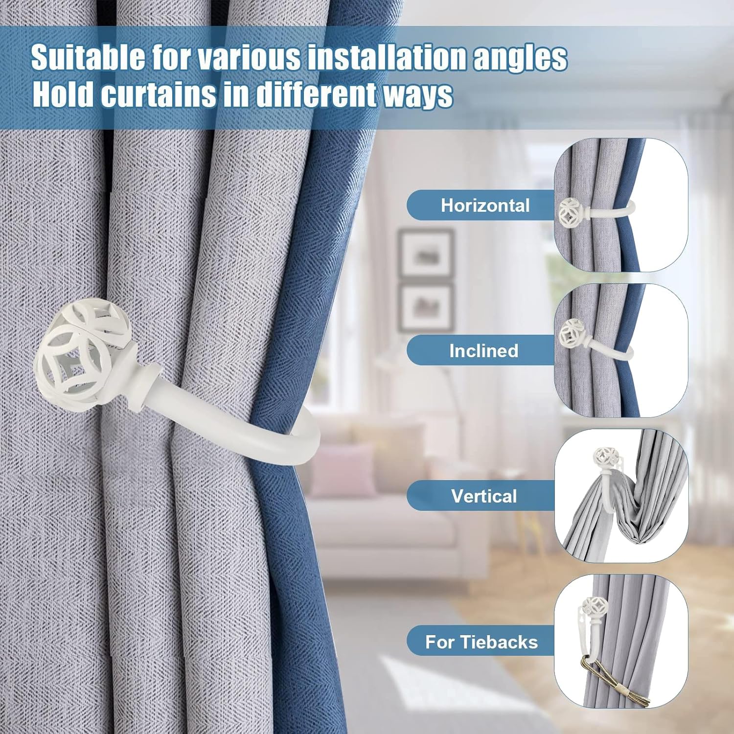 2Pcs Curtain Holdbacks with White Knob Style Finials