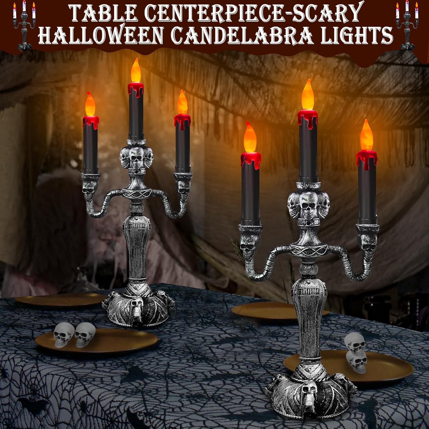 Extra Large 2 Pack Halloween Candelabra LED Skull Lights