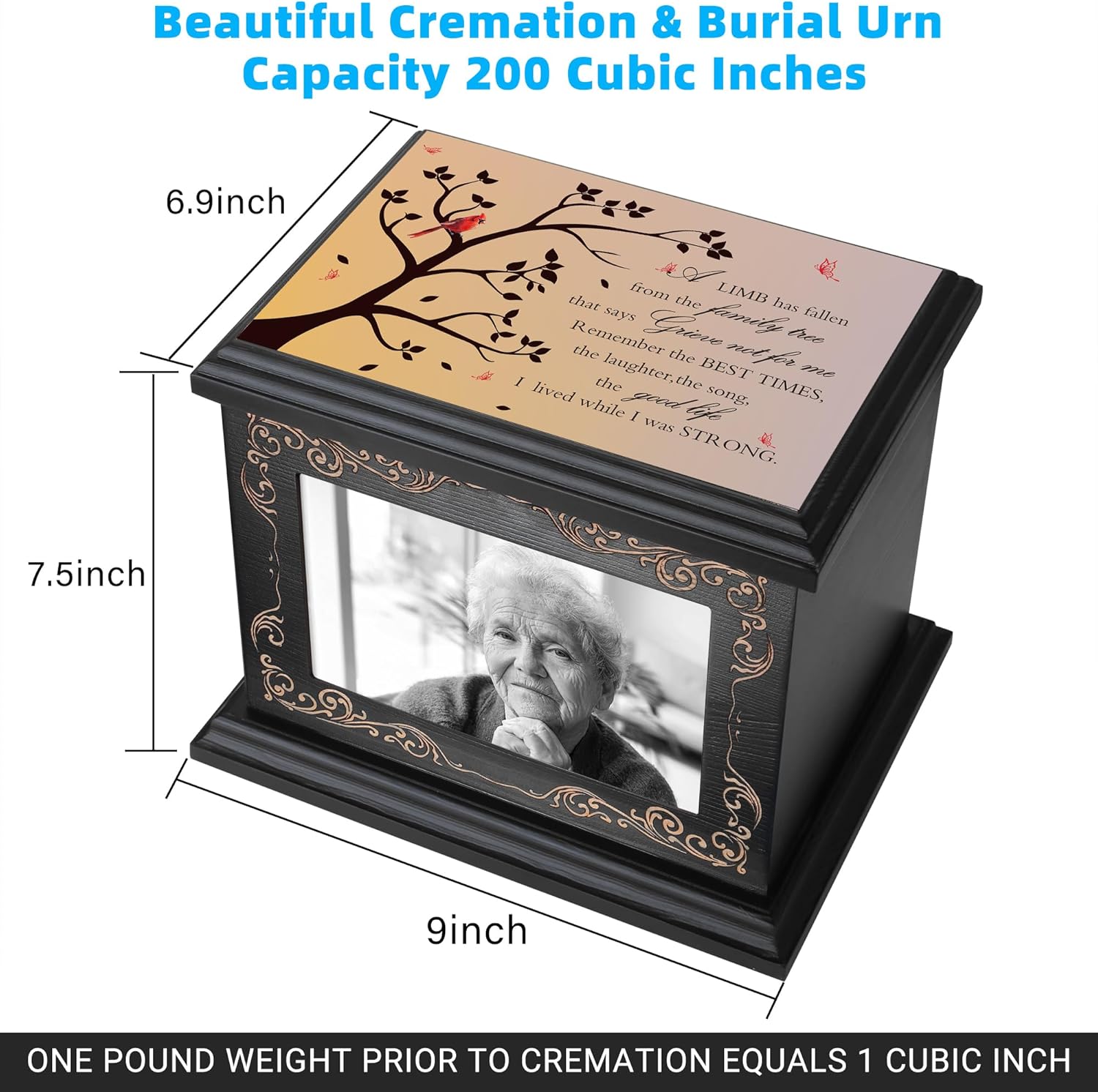 Wooden Cremation Urn for Human Ashes 200 Cubic Inches Capacity