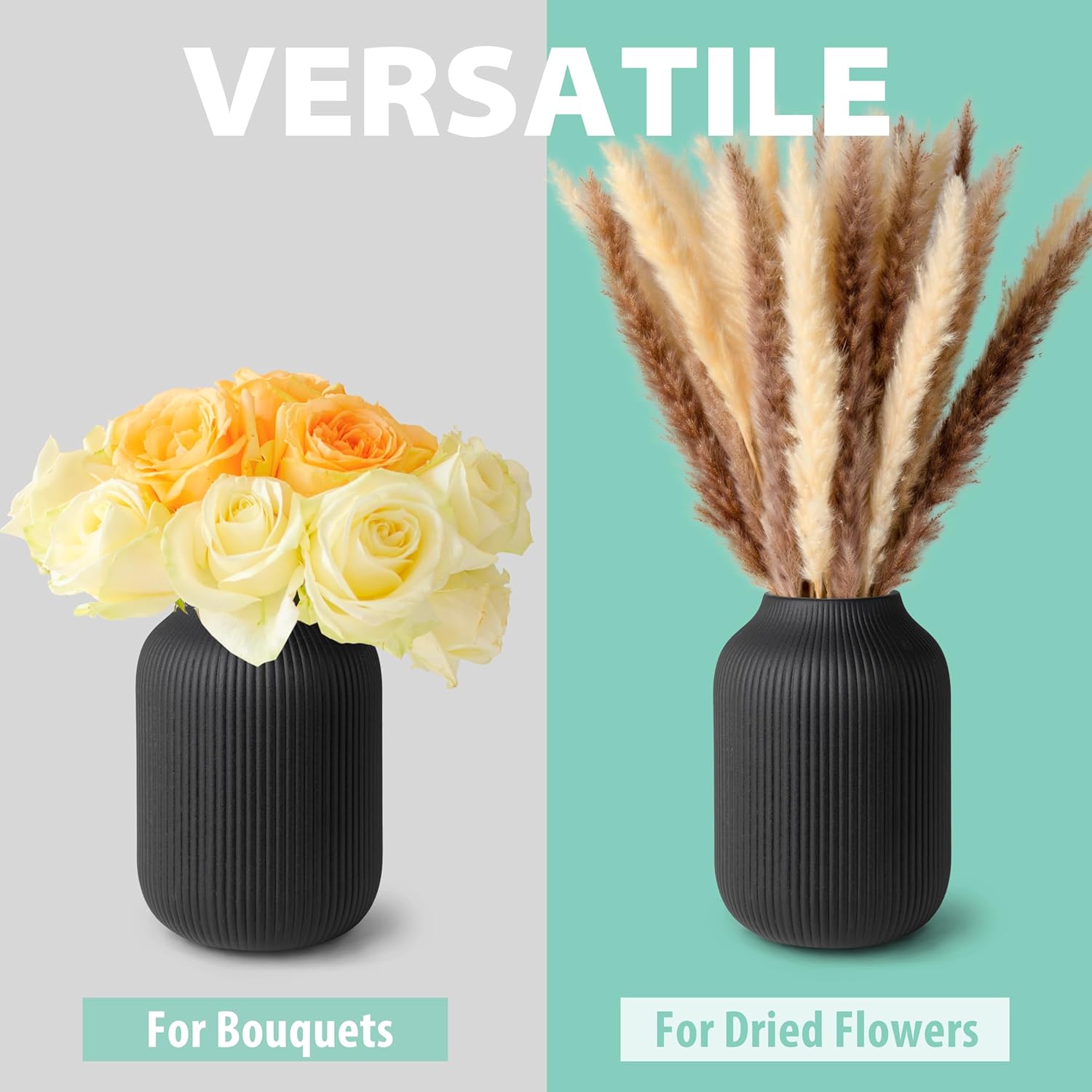 Flature Ceramic Vase with Grooves - Matte Black 20cm
