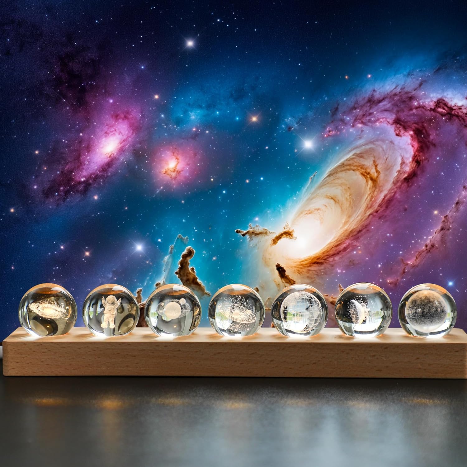 ZEERSHEE 3D Galaxy Planet Crystal Ball Night Light with LED Wooden Base