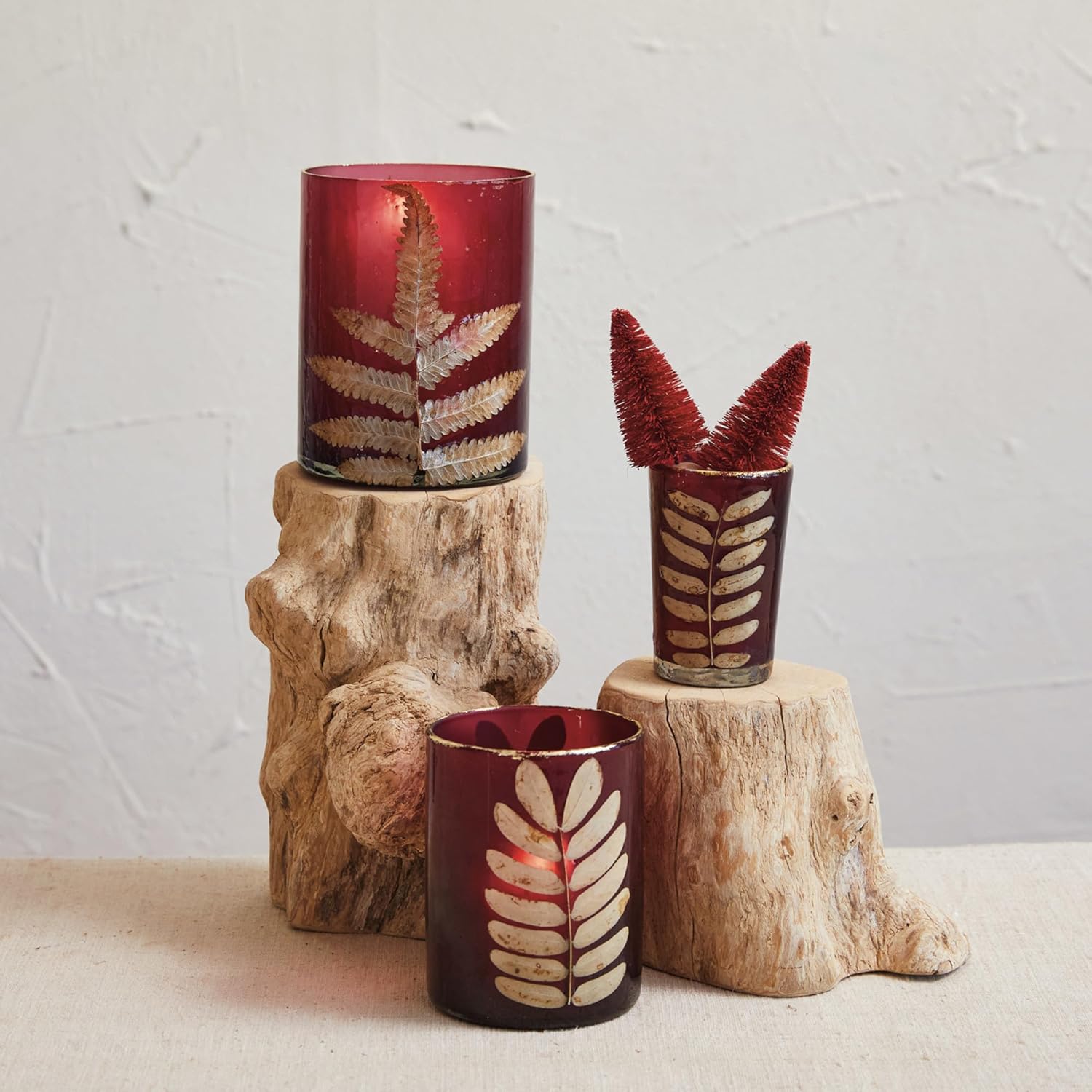 Creative Co Op Large Glass Votive Candleholder with Eucalyptus Leaves Red Gold Finish