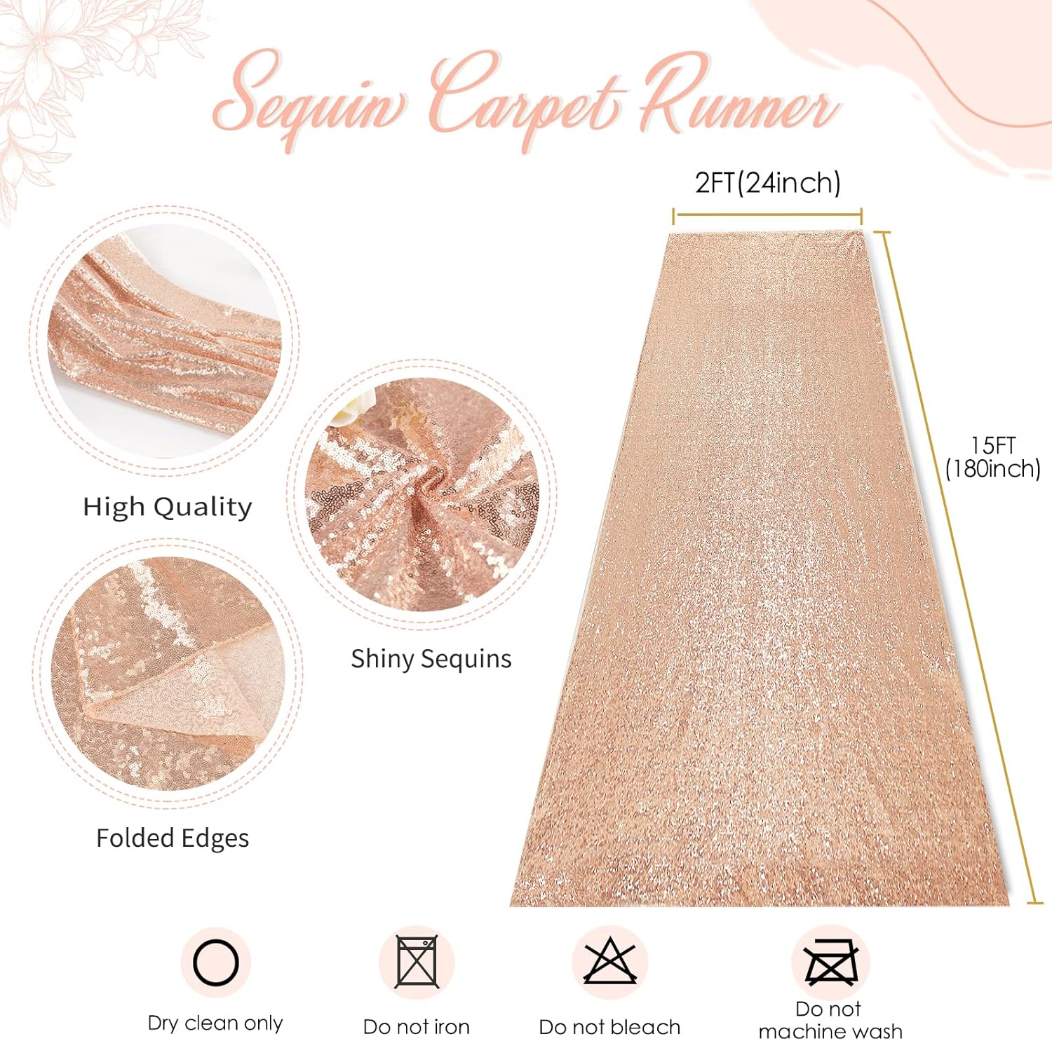 B-COOL Rose Gold Sequin Aisle Runner 2FT x 15FT Wedding Carpet Rug