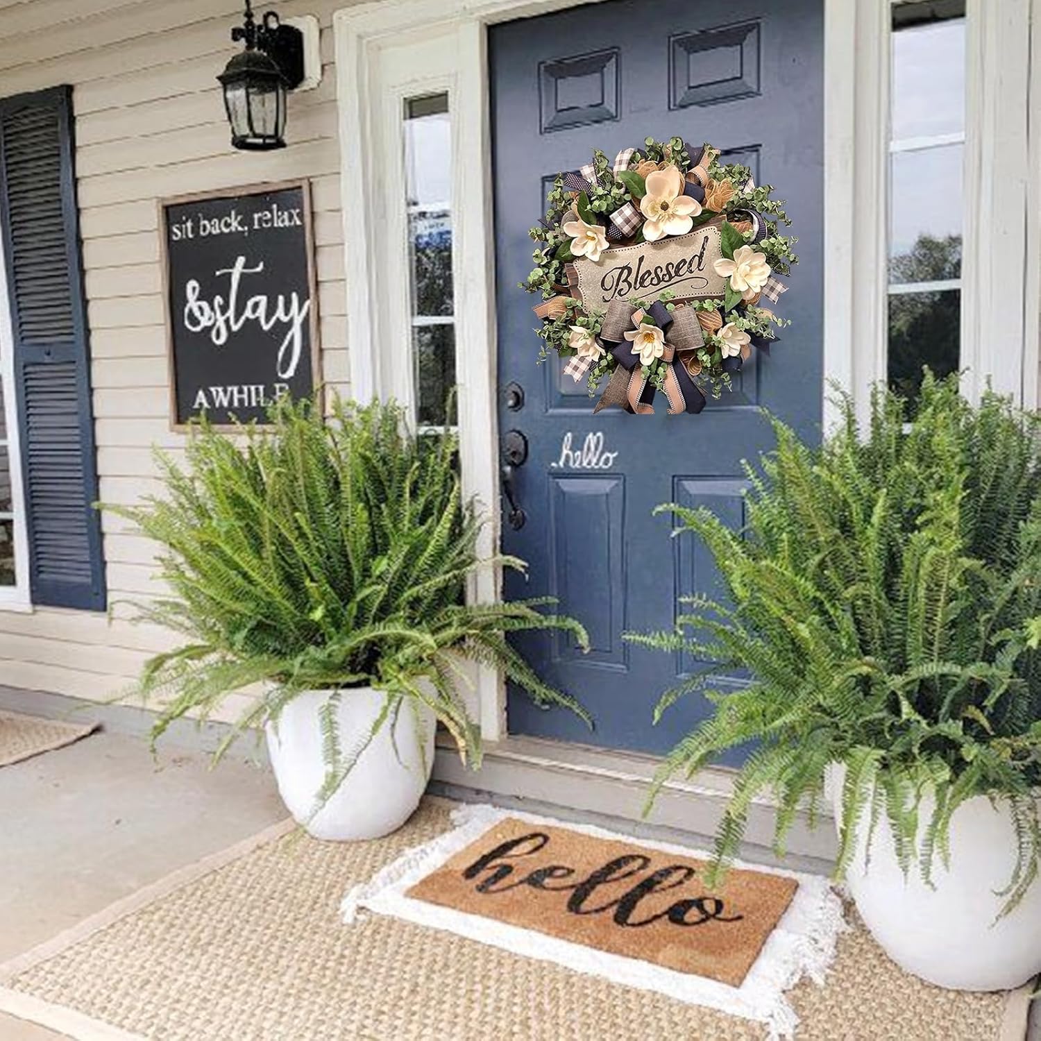 White Magnolia Wreath Front Door Decor