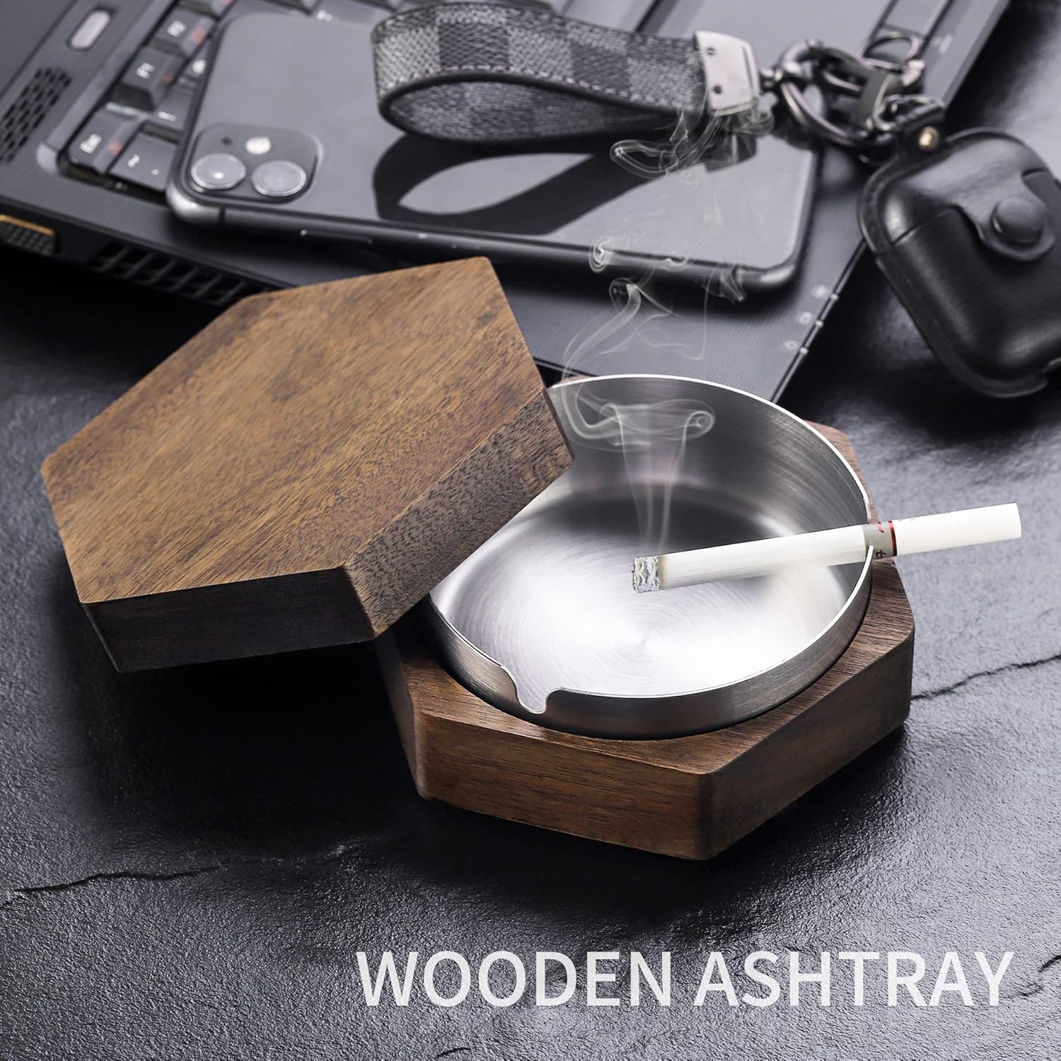 Hexagonal Wooden Ashtray with Stainless Steel Liner Windproof and Easy to Clean