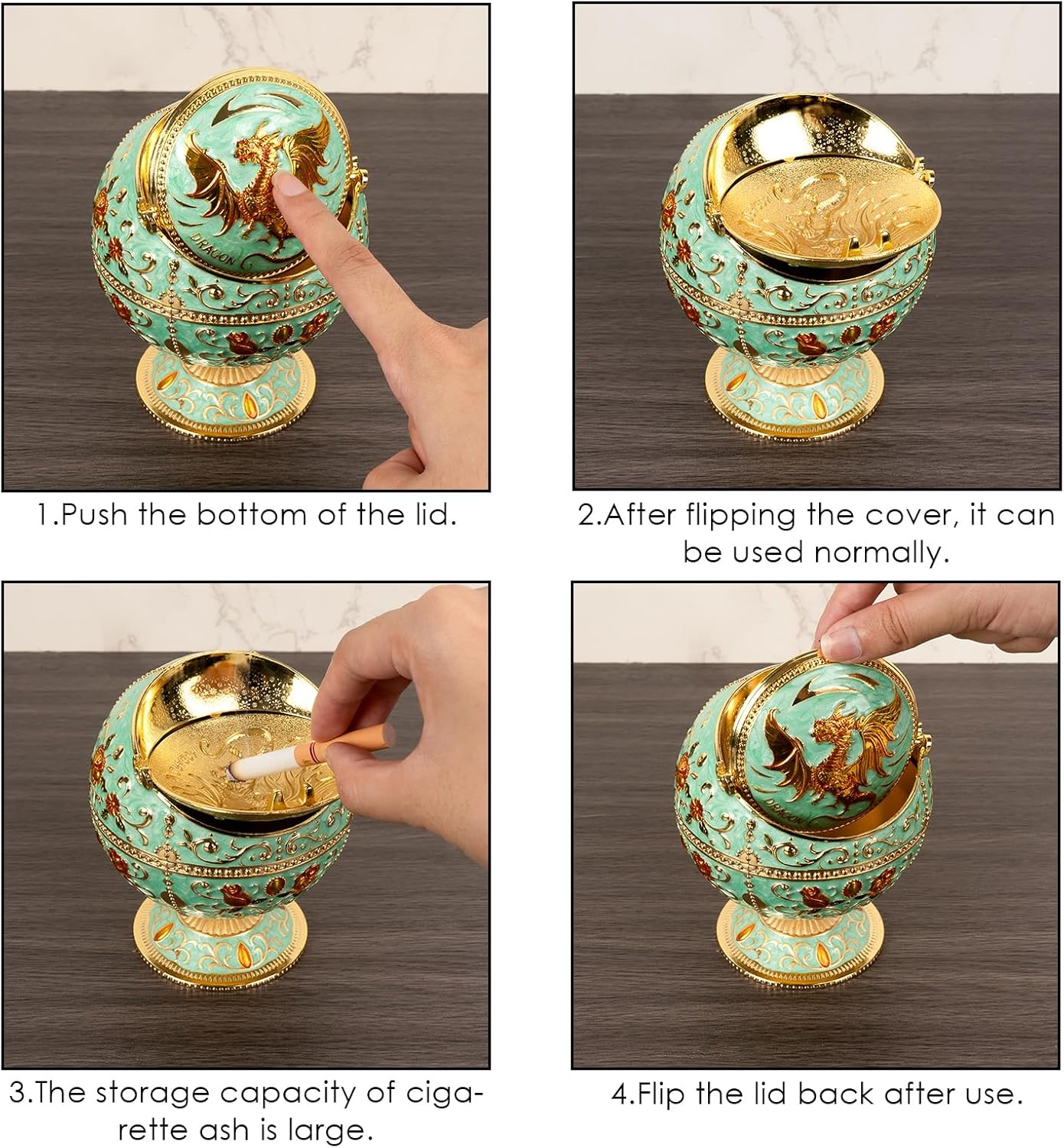 Dragon Ashtray with Lid - Teal Gold Zinc Alloy