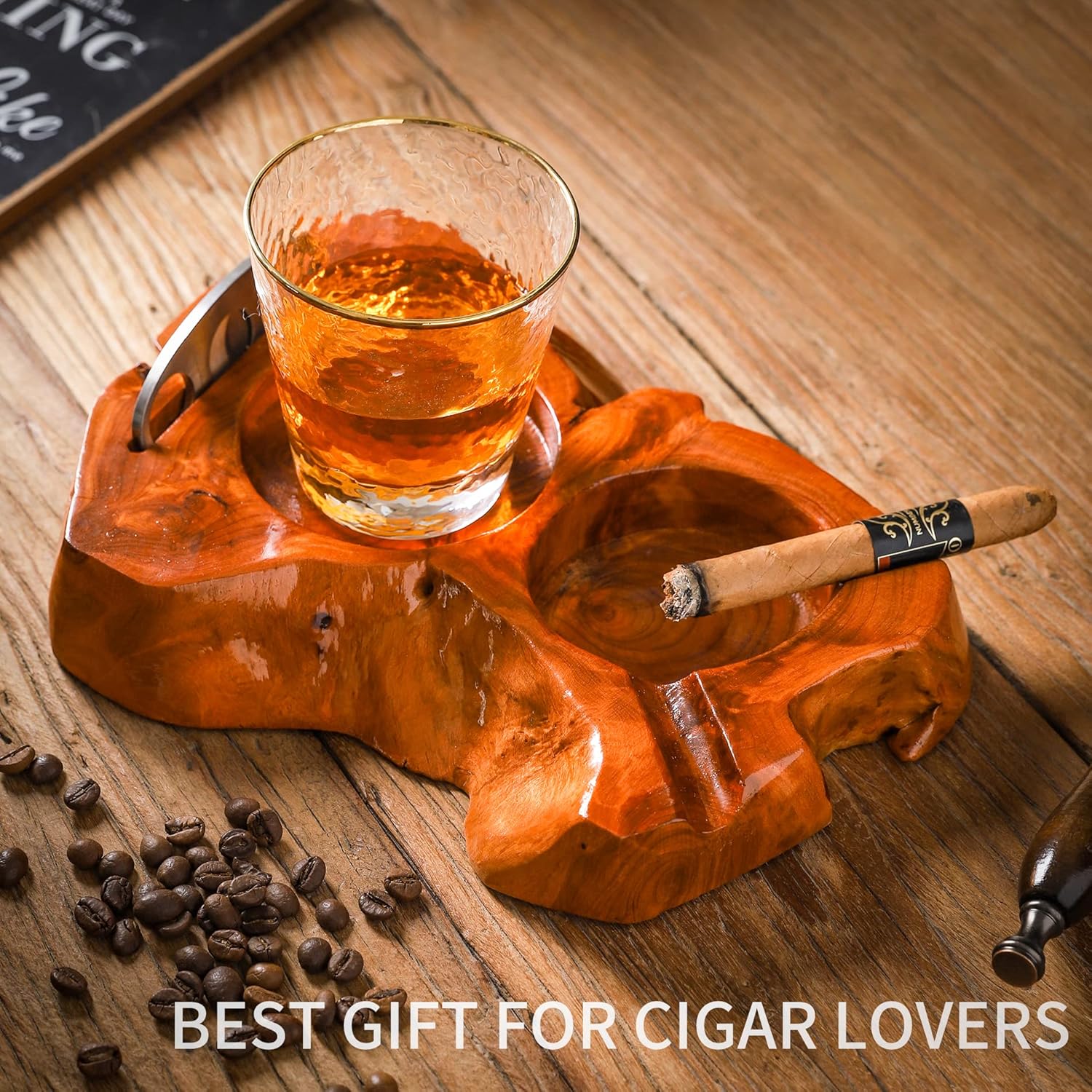 Wooden Cigar Ashtray with Whiskey Glass and Cutter Holder