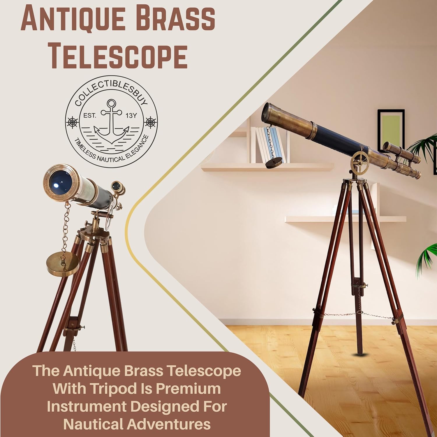 Classic Nautical Brass Telescope with Wooden Tripod