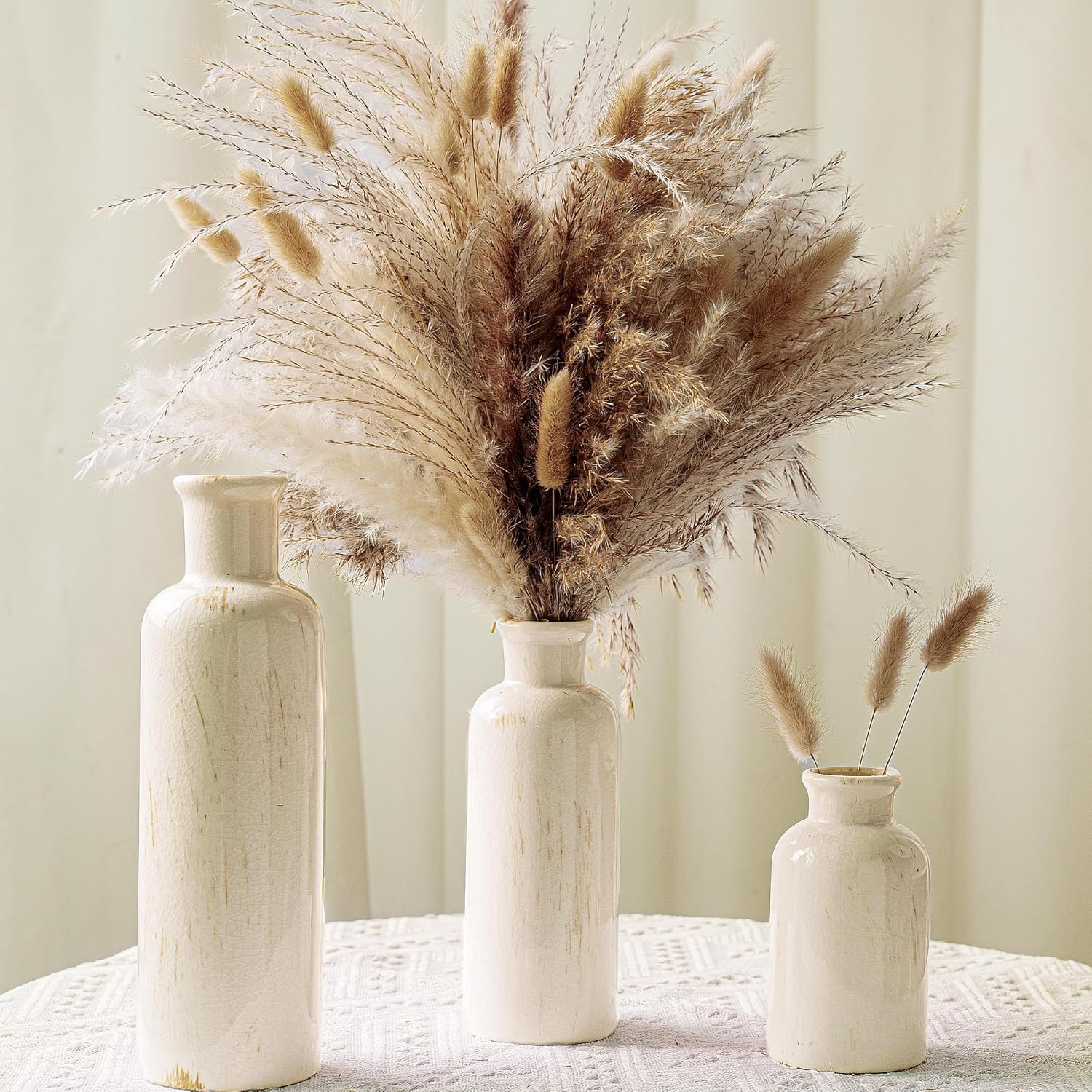 Pampas Grass Vase Set 3 White Ceramic Vases with Dried Pampas