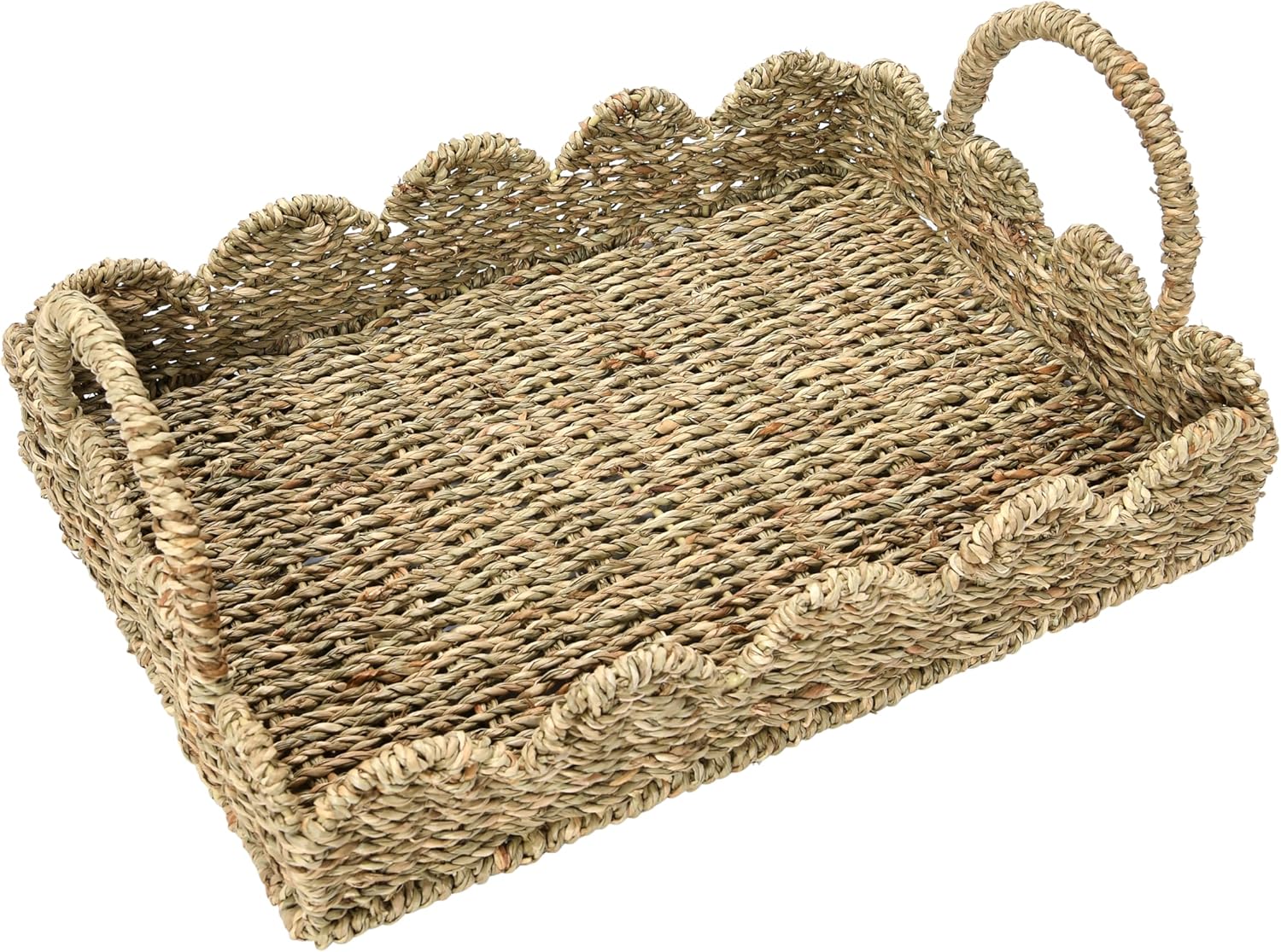Handwoven Seagrass Tray with Handles and Scalloped Edge