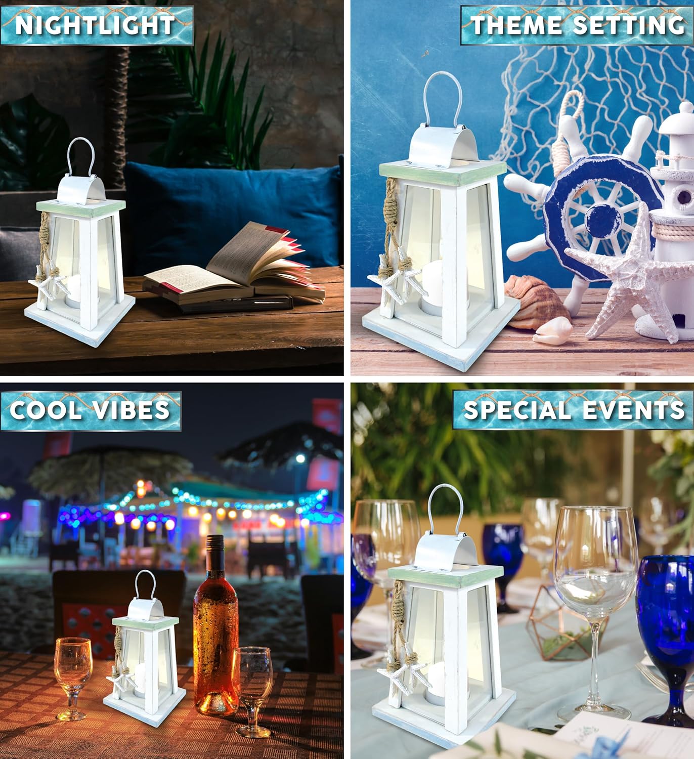 Puzzled Beach Lantern - White Wood Metal Candle Holder with Starfish Rope Accents