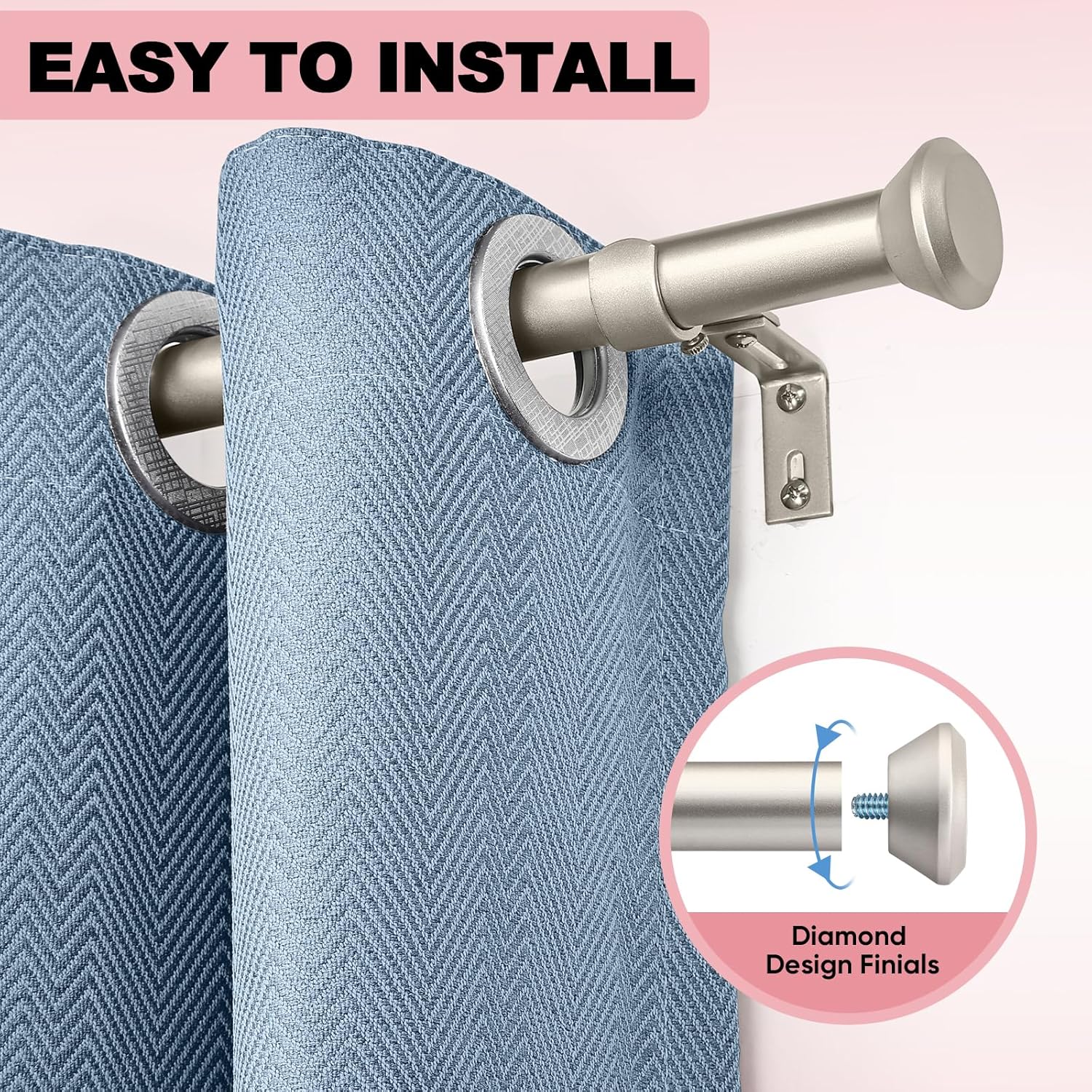 Heavy Duty Curtain Rods 28-48 Inches Silver Adjustable with Diamond Finials