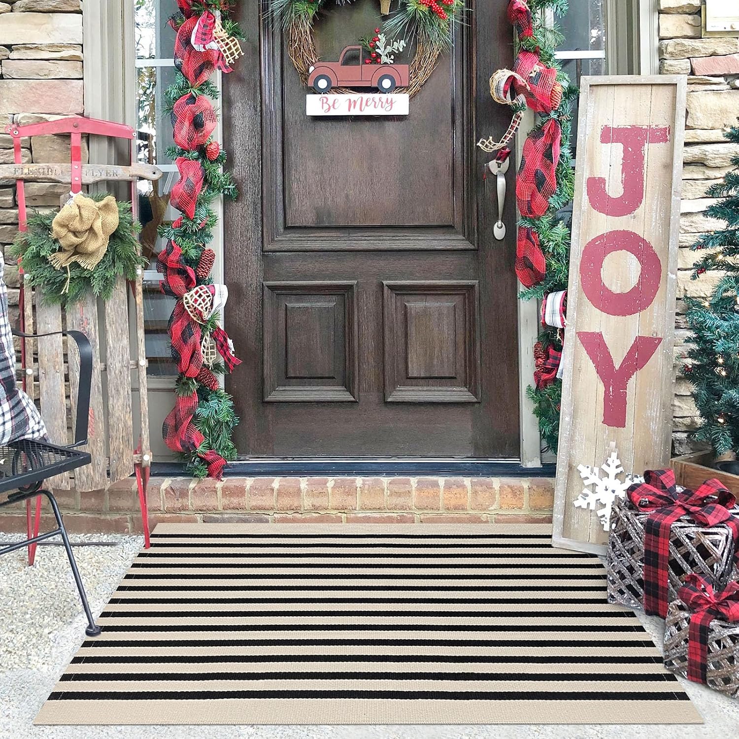 KILOCOCO Beige Striped Rug 23x36 Indoor Outdoor Door Mat