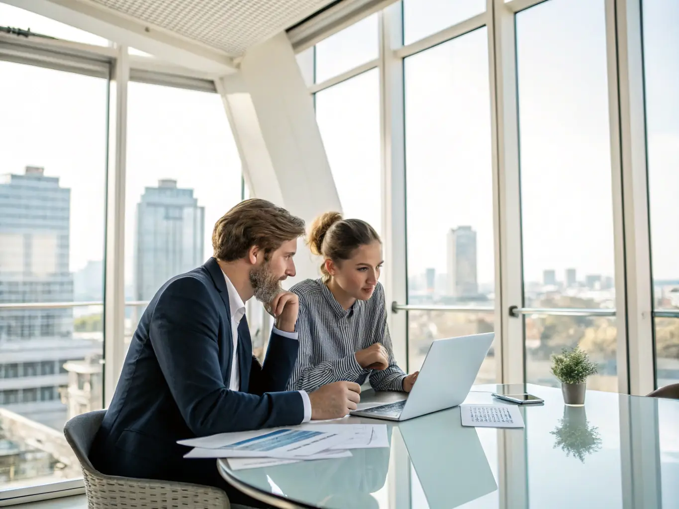 An image depicting a consultant working with a client, analyzing data on a tablet, with a focus on data-driven decision-making.