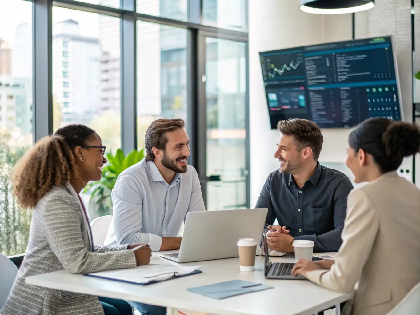 An image depicting a team of consultants collaborating around a digital display showcasing data visualizations and technology roadmaps, emphasizing the collaborative and data-driven approach of VERTEXFLOW TECH LTD.