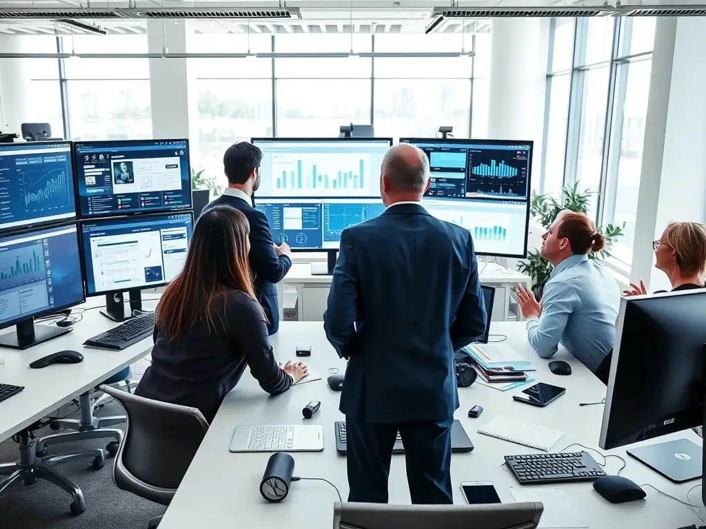 An image depicting a team of consultants analyzing data and discussing technology pathways, representing VERTEXFLOWTECH LTD's Technology Evolution Pathway Analysis service.